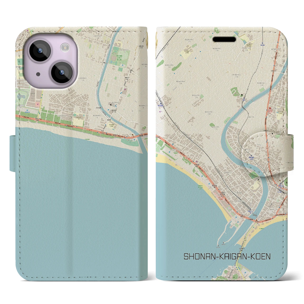 【湘南海岸公園】地図柄iPhoneケース（手帳両面タイプ・ナチュラル）iPhone 14 用