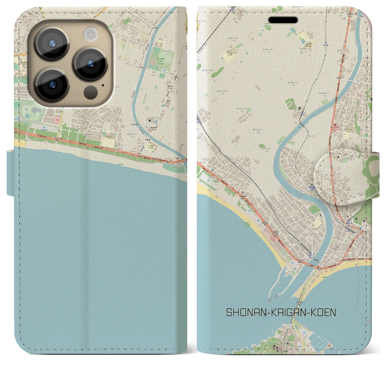 【湘南海岸公園】地図柄iPhoneケース（手帳両面タイプ・ナチュラル）iPhone 14 Pro Max 用