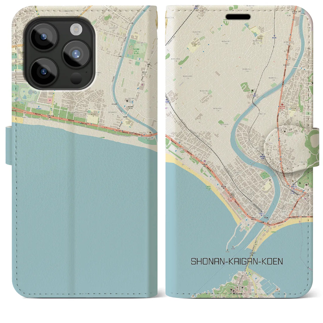 【湘南海岸公園】地図柄iPhoneケース（手帳両面タイプ・ナチュラル）iPhone 15 Pro Max 用