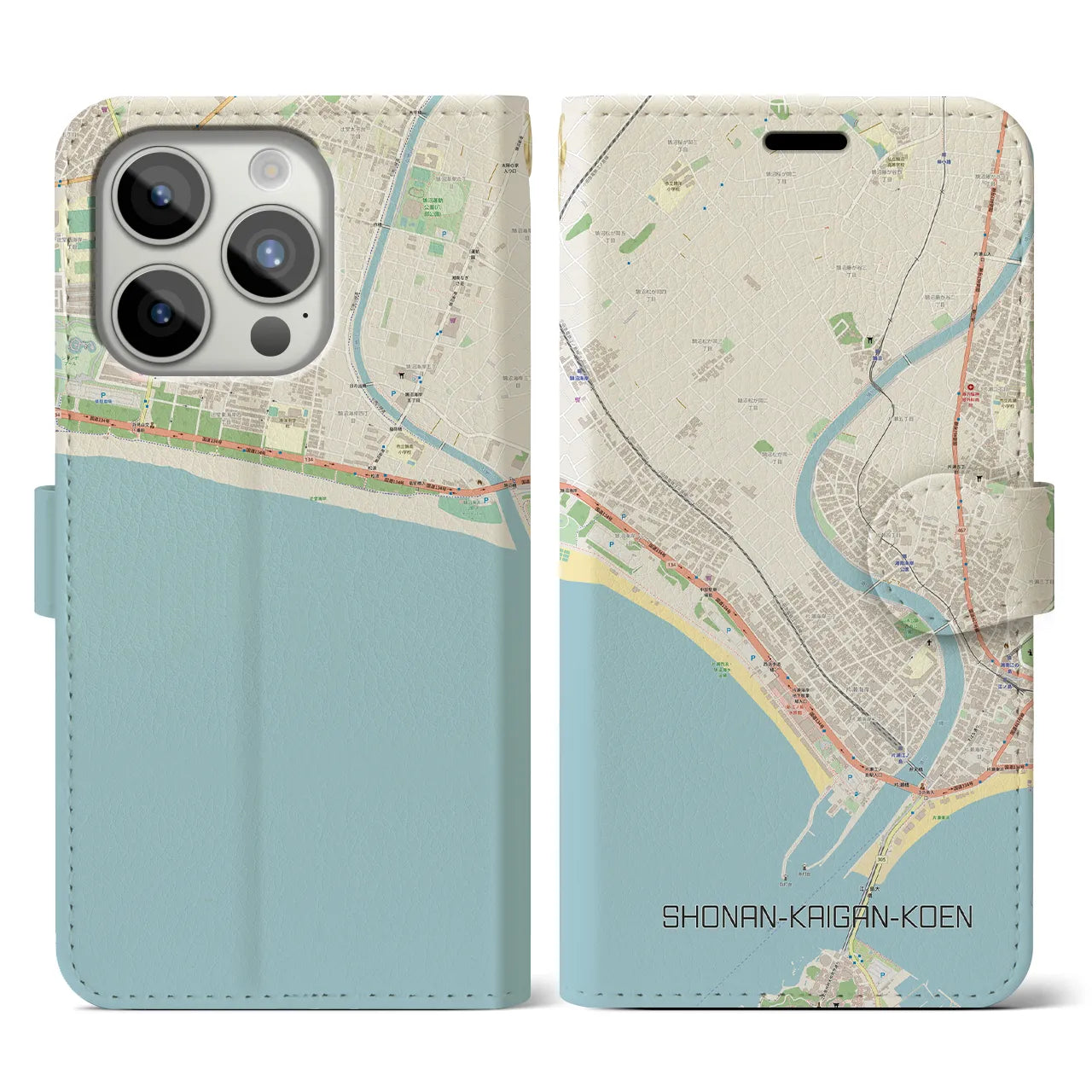【湘南海岸公園】地図柄iPhoneケース（手帳両面タイプ・ナチュラル）iPhone 15 Pro 用