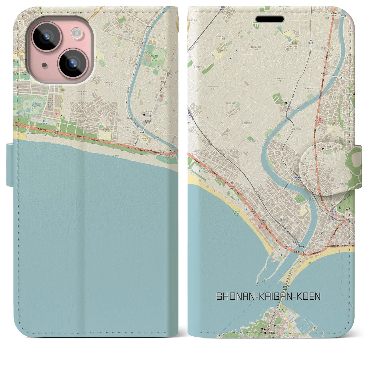 【湘南海岸公園】地図柄iPhoneケース（手帳両面タイプ・ナチュラル）iPhone 15 Plus 用
