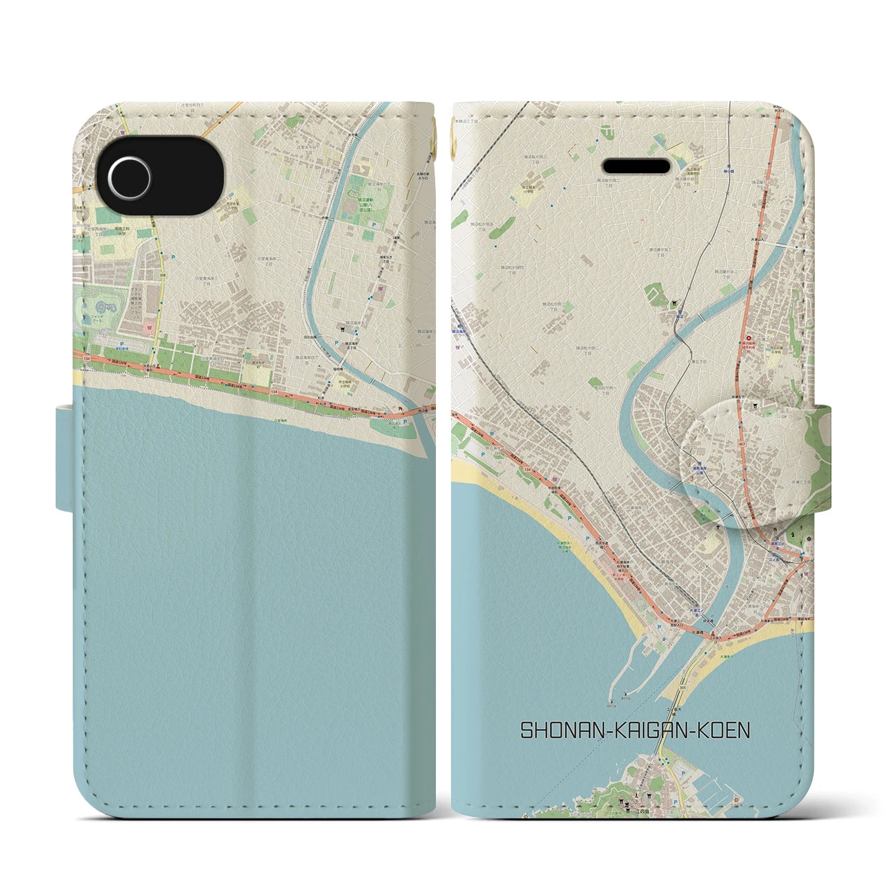 【湘南海岸公園】地図柄iPhoneケース（手帳両面タイプ・ナチュラル）iPhone SE（第3 / 第2世代） / 8 / 7 / 6s / 6 用