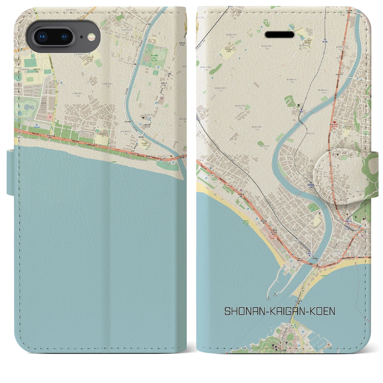 【湘南海岸公園】地図柄iPhoneケース（手帳両面タイプ・ナチュラル）iPhone 8Plus /7Plus / 6sPlus / 6Plus 用
