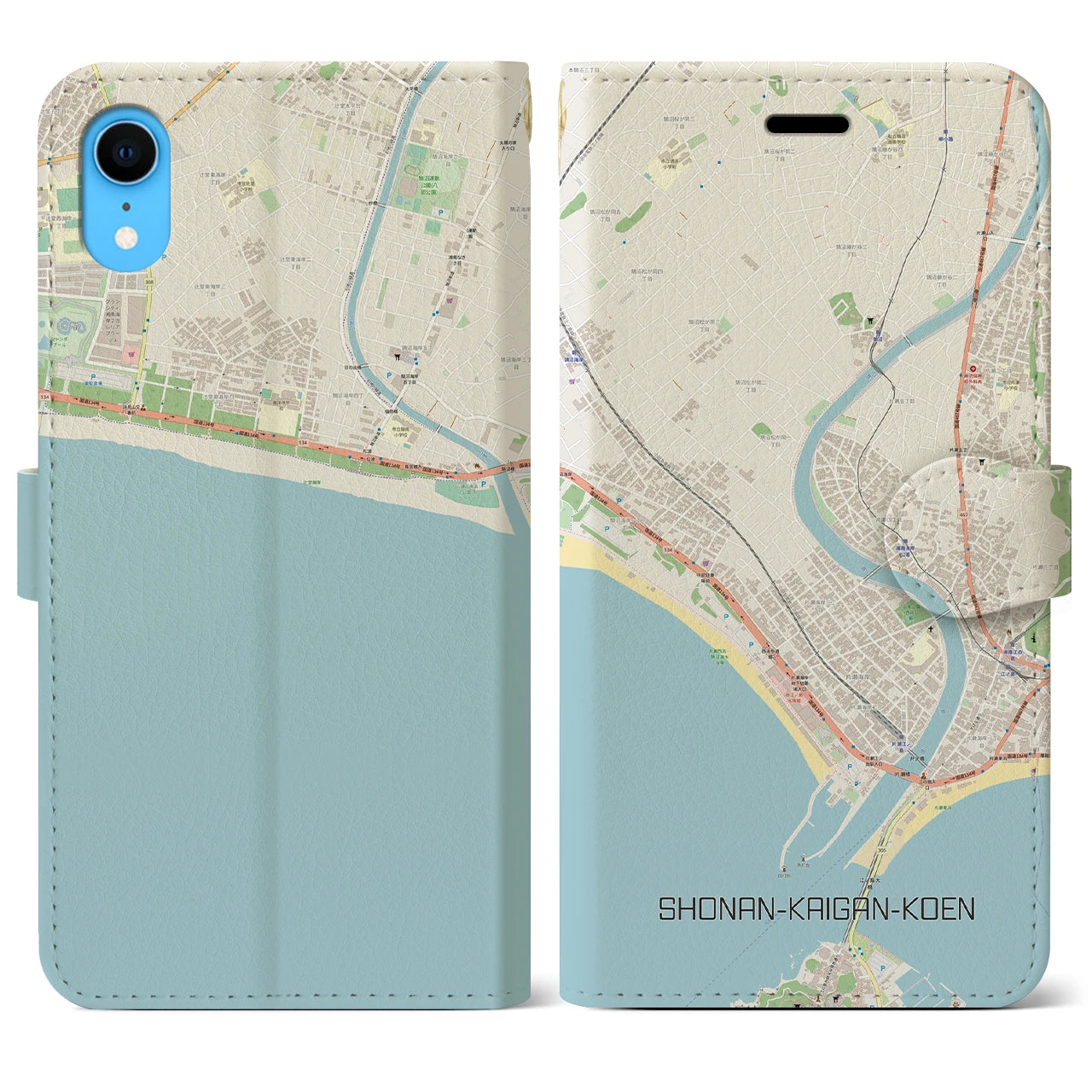 【湘南海岸公園】地図柄iPhoneケース（手帳両面タイプ・ナチュラル）iPhone XR 用