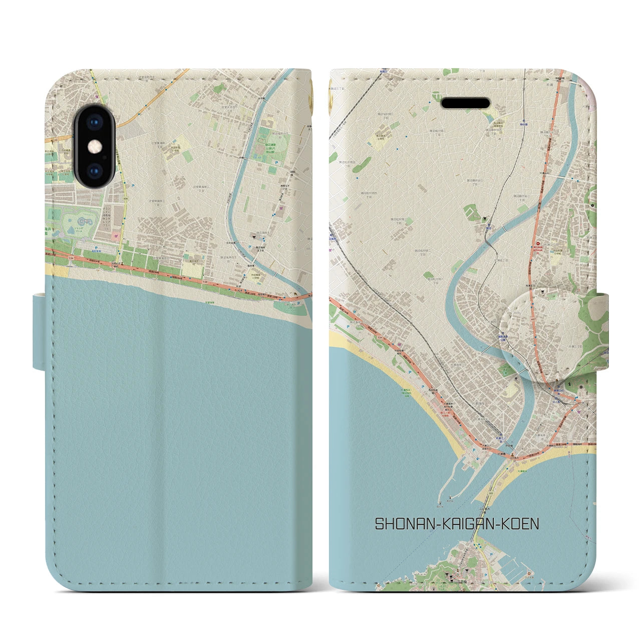 【湘南海岸公園】地図柄iPhoneケース（手帳両面タイプ・ナチュラル）iPhone XS / X 用