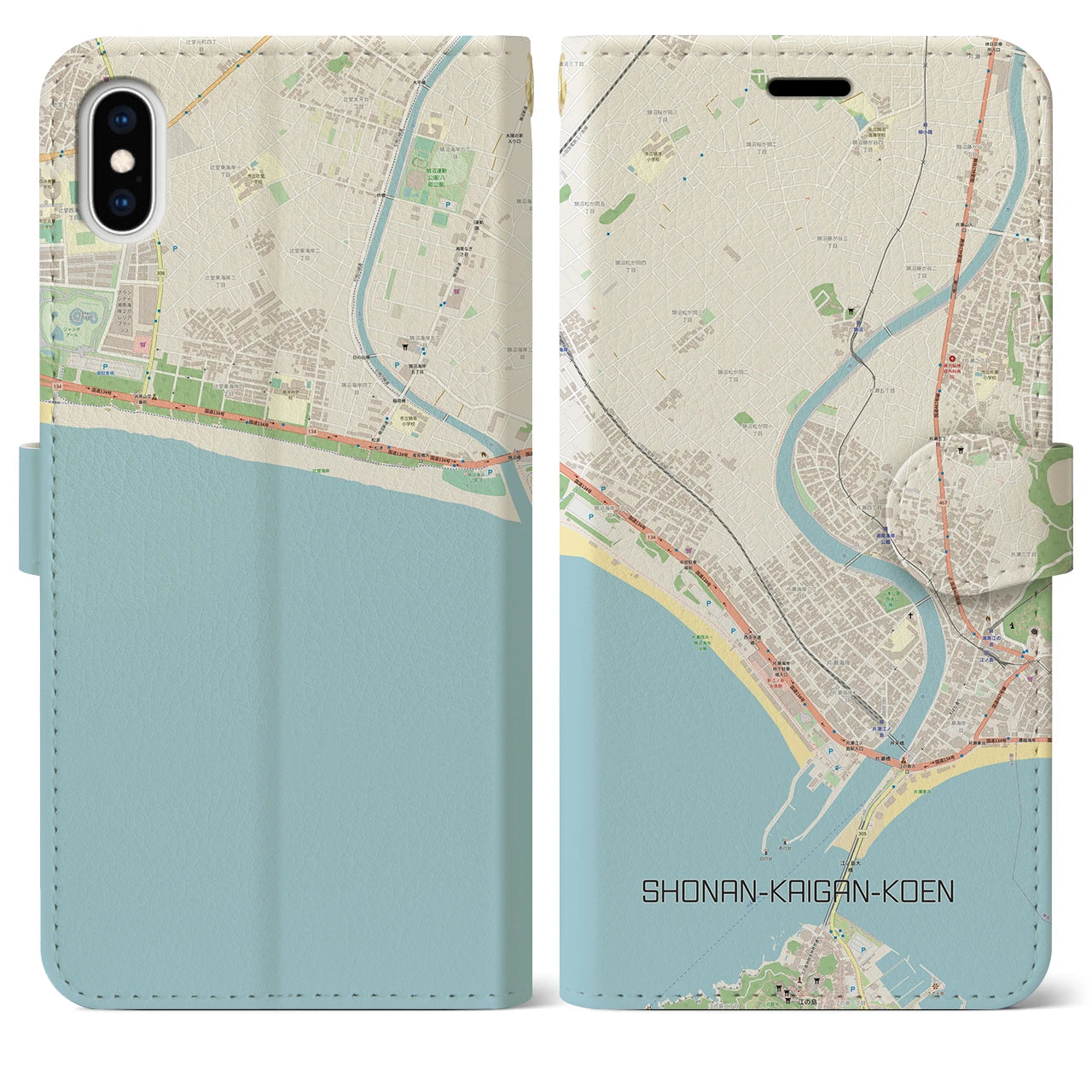 【湘南海岸公園】地図柄iPhoneケース（手帳両面タイプ・ナチュラル）iPhone XS Max 用