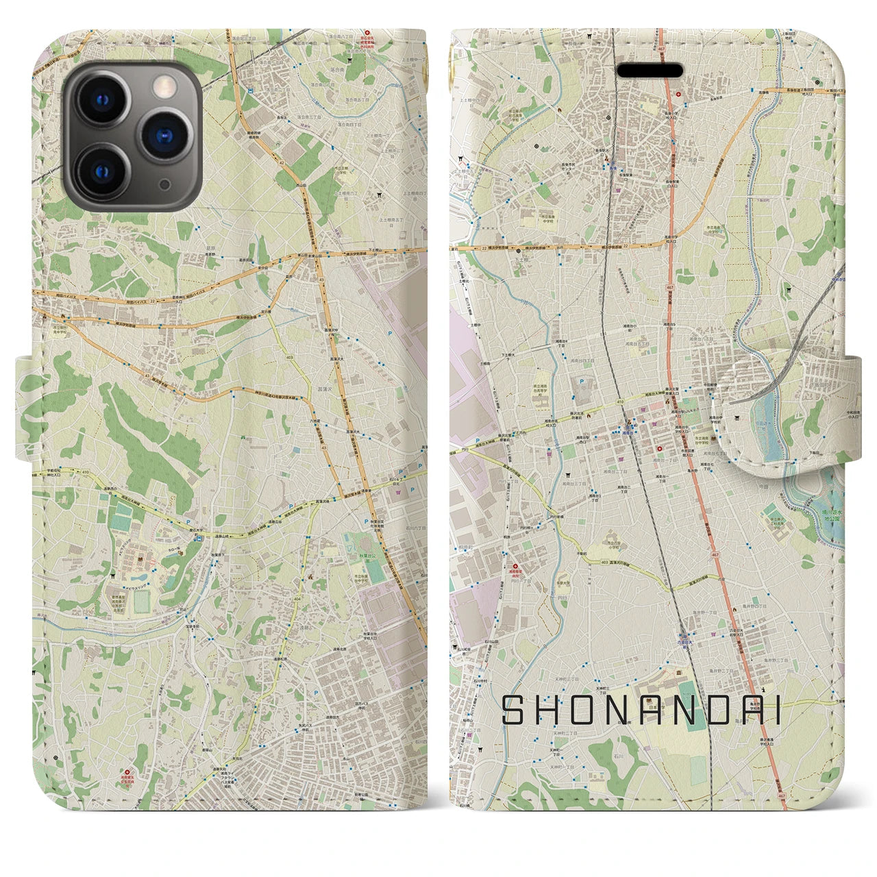 【湘南台】地図柄iPhoneケース（手帳両面タイプ・ナチュラル）iPhone 11 Pro Max 用