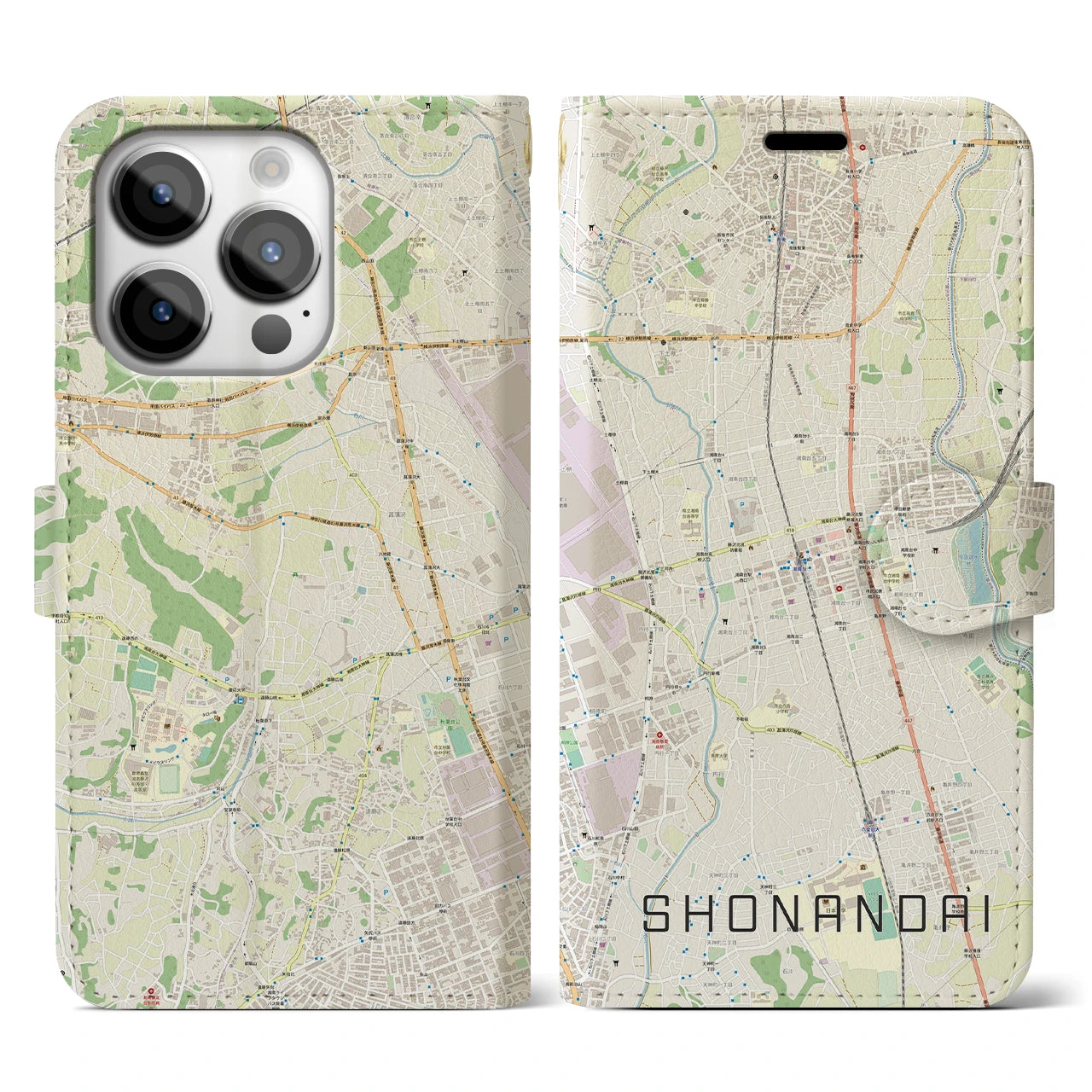 【湘南台】地図柄iPhoneケース（手帳両面タイプ・ナチュラル）iPhone 14 Pro 用
