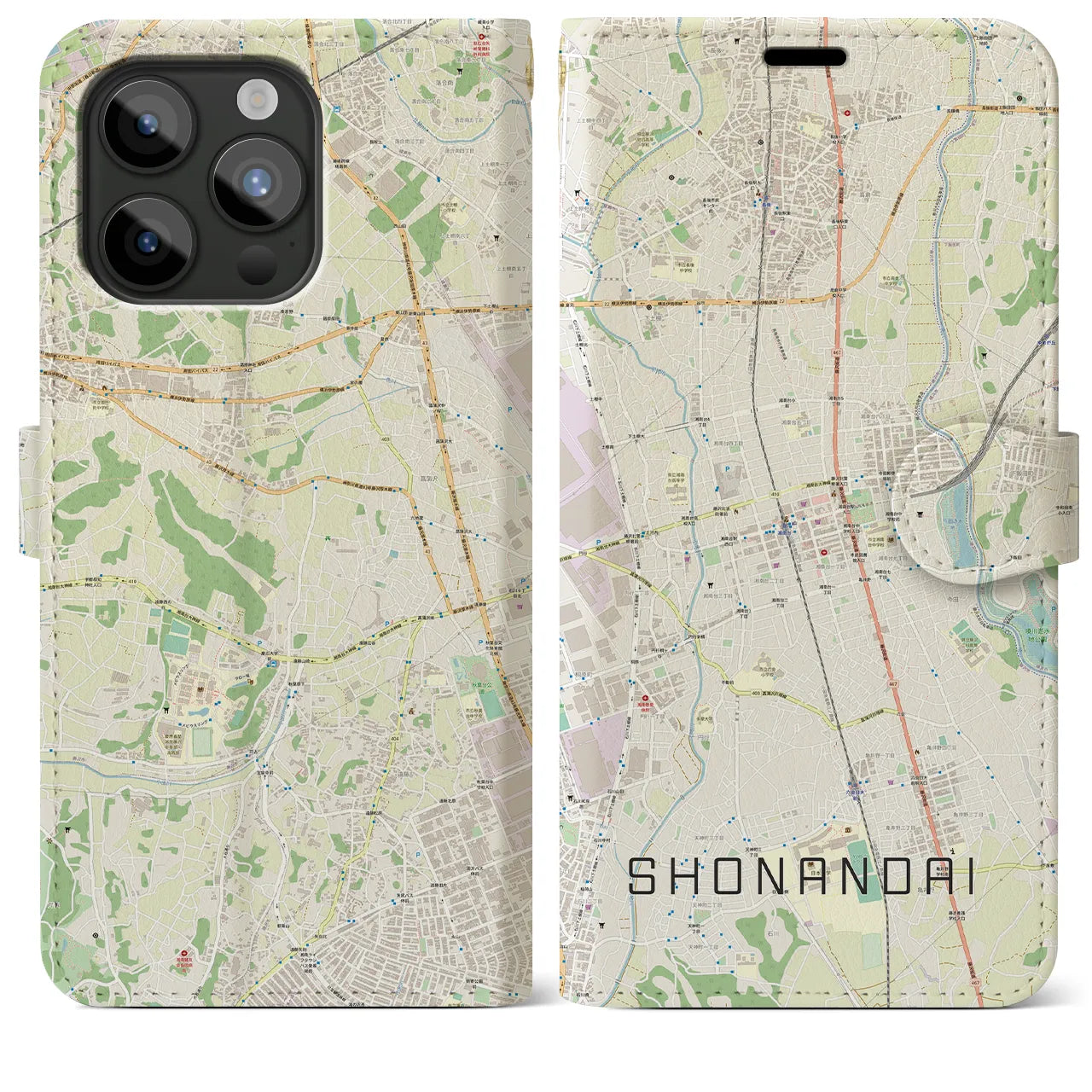 【湘南台】地図柄iPhoneケース（手帳両面タイプ・ナチュラル）iPhone 15 Pro Max 用