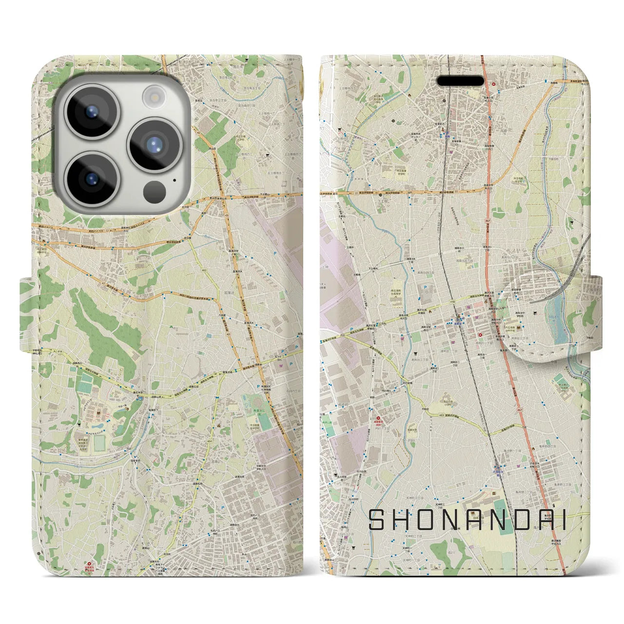【湘南台】地図柄iPhoneケース（手帳両面タイプ・ナチュラル）iPhone 15 Pro 用