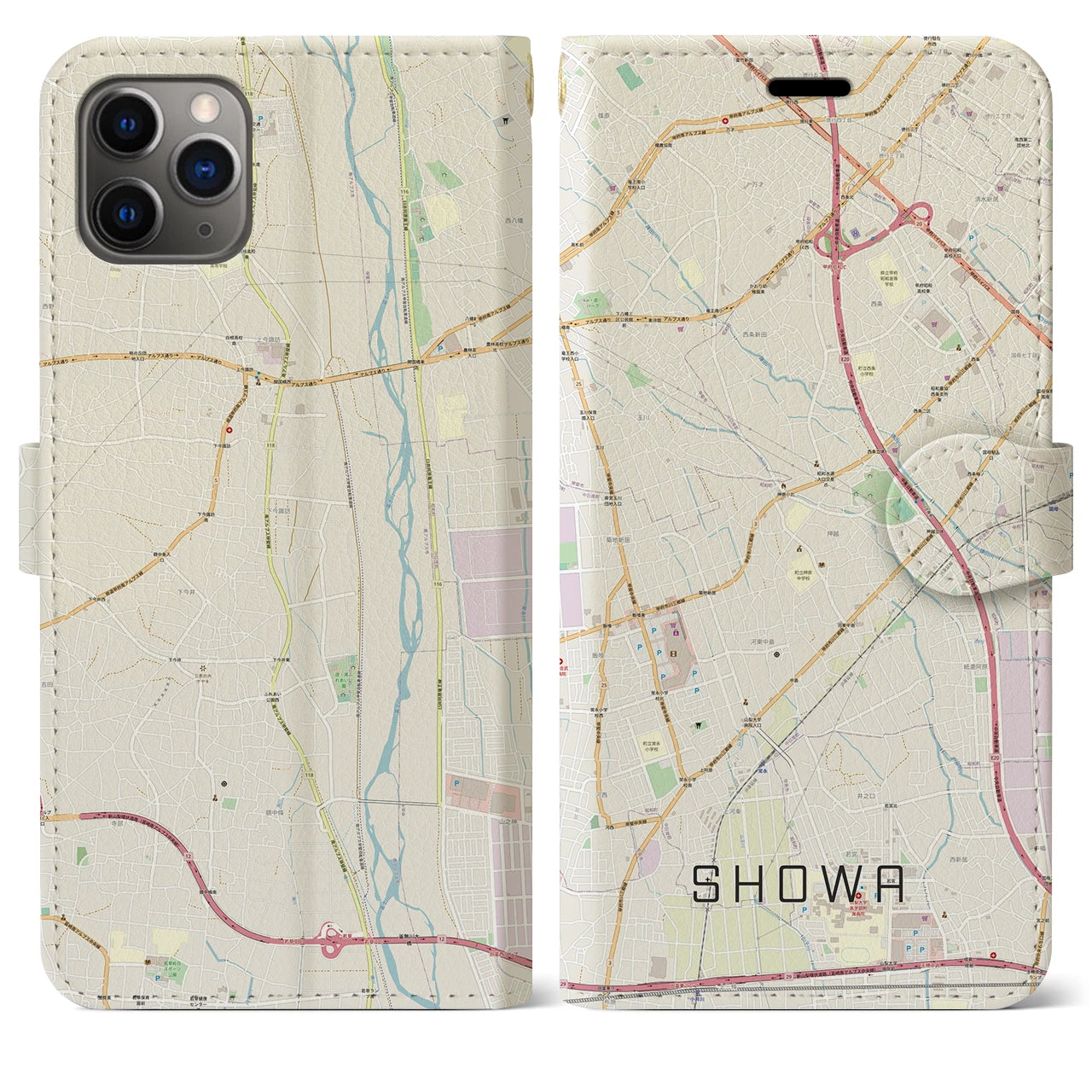 【昭和】地図柄iPhoneケース（手帳両面タイプ・ナチュラル）iPhone 11 Pro Max 用