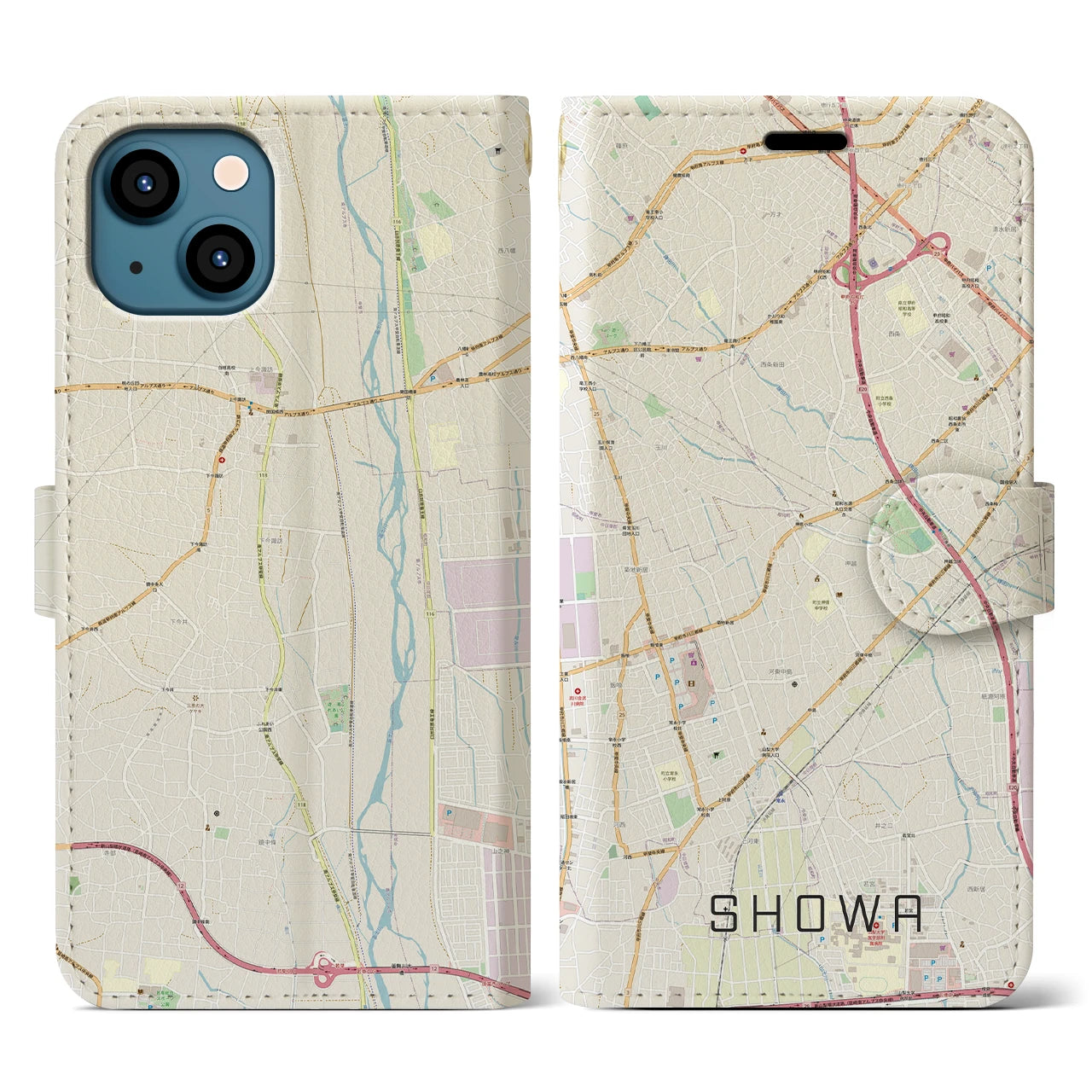 【昭和】地図柄iPhoneケース（手帳両面タイプ・ナチュラル）iPhone 13 用