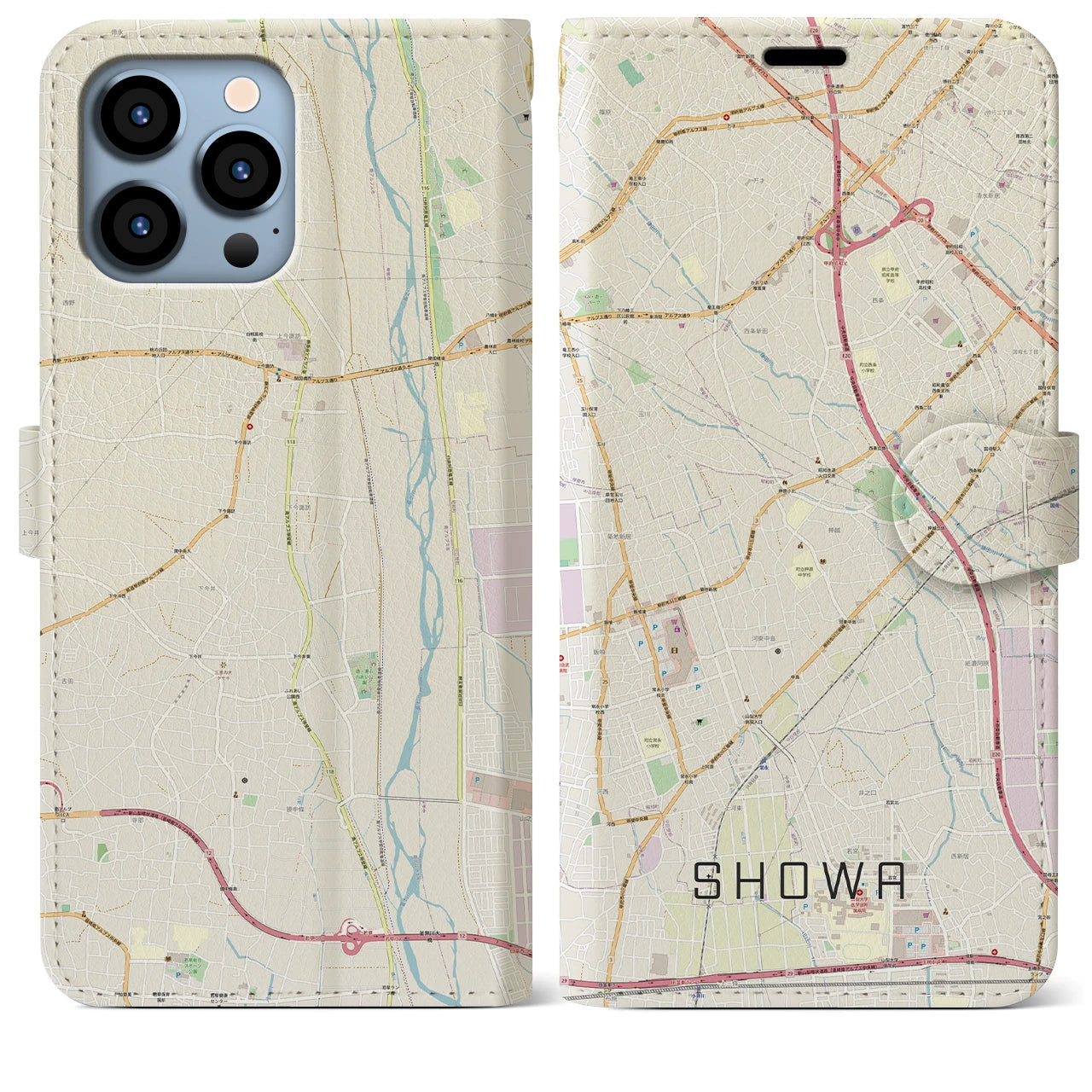 【昭和】地図柄iPhoneケース（手帳両面タイプ・ナチュラル）iPhone 13 Pro Max 用