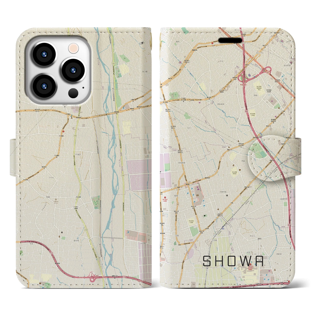 【昭和】地図柄iPhoneケース（手帳両面タイプ・ナチュラル）iPhone 13 Pro 用