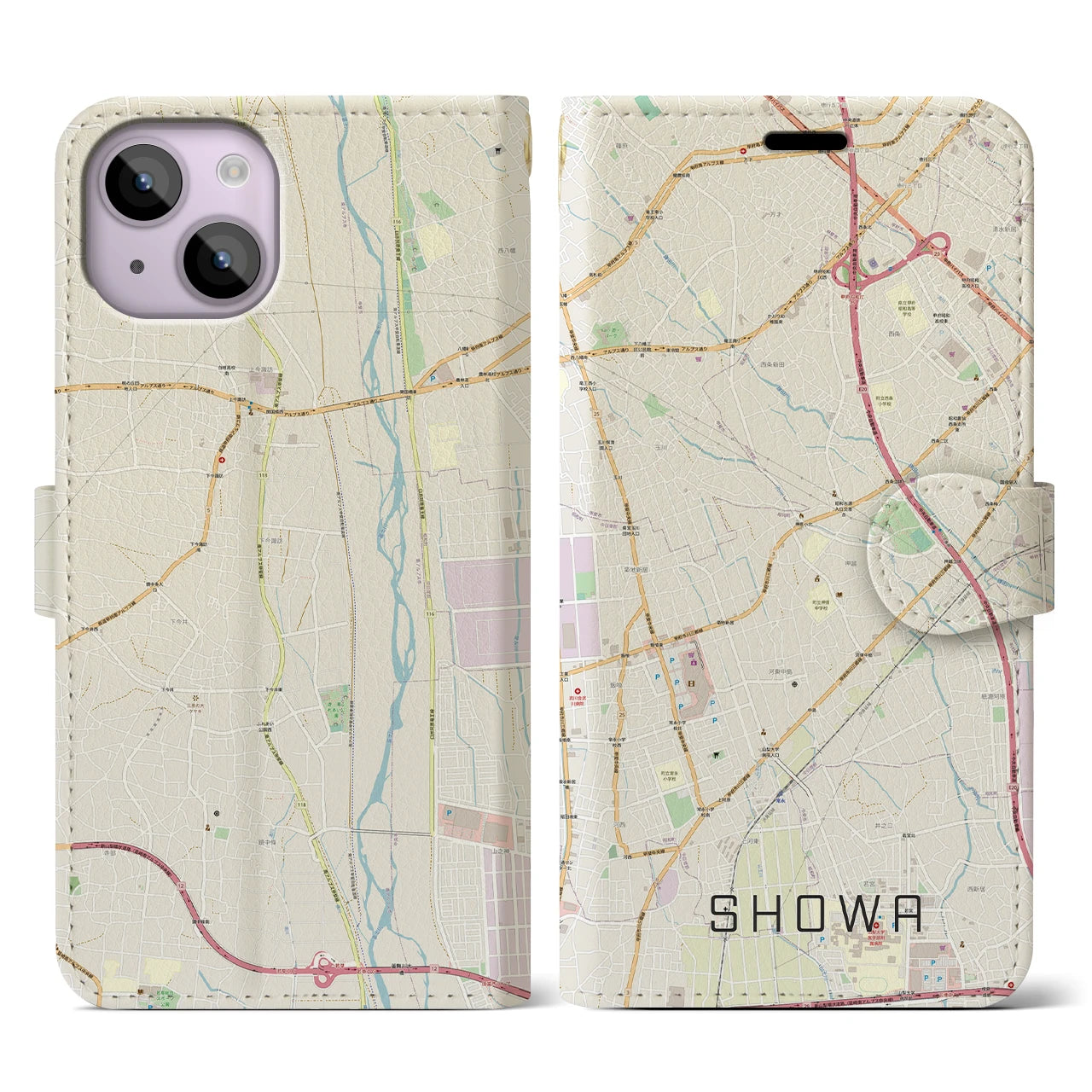 【昭和】地図柄iPhoneケース（手帳両面タイプ・ナチュラル）iPhone 14 用