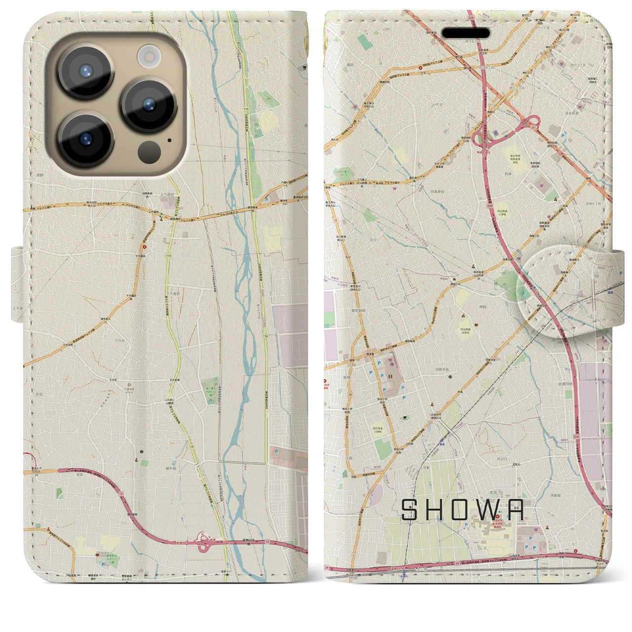 【昭和】地図柄iPhoneケース（手帳両面タイプ・ナチュラル）iPhone 14 Pro Max 用