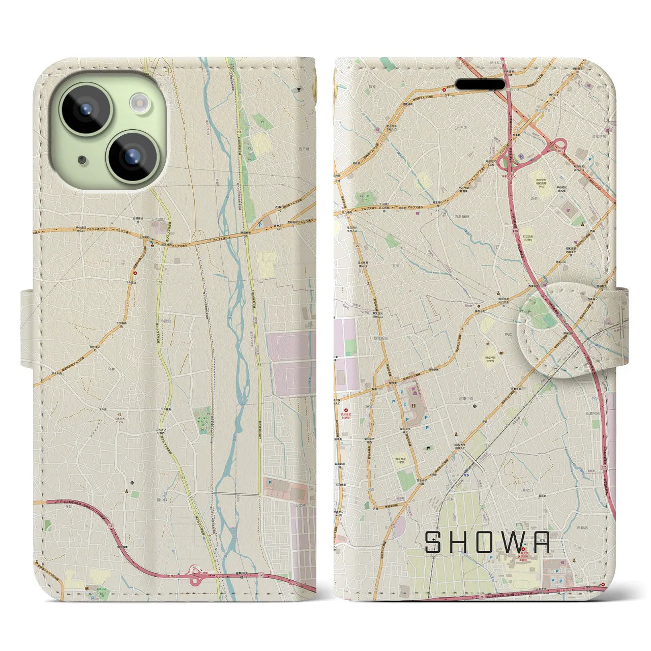 【昭和】地図柄iPhoneケース（手帳両面タイプ・ナチュラル）iPhone 15 用