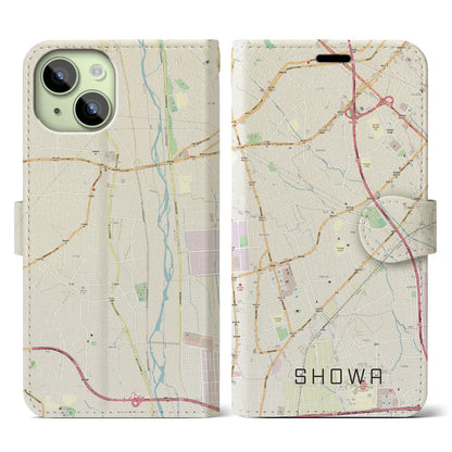 【昭和（山梨県）】地図柄iPhoneケース（手帳タイプ）ナチュラル・iPhone 15 用