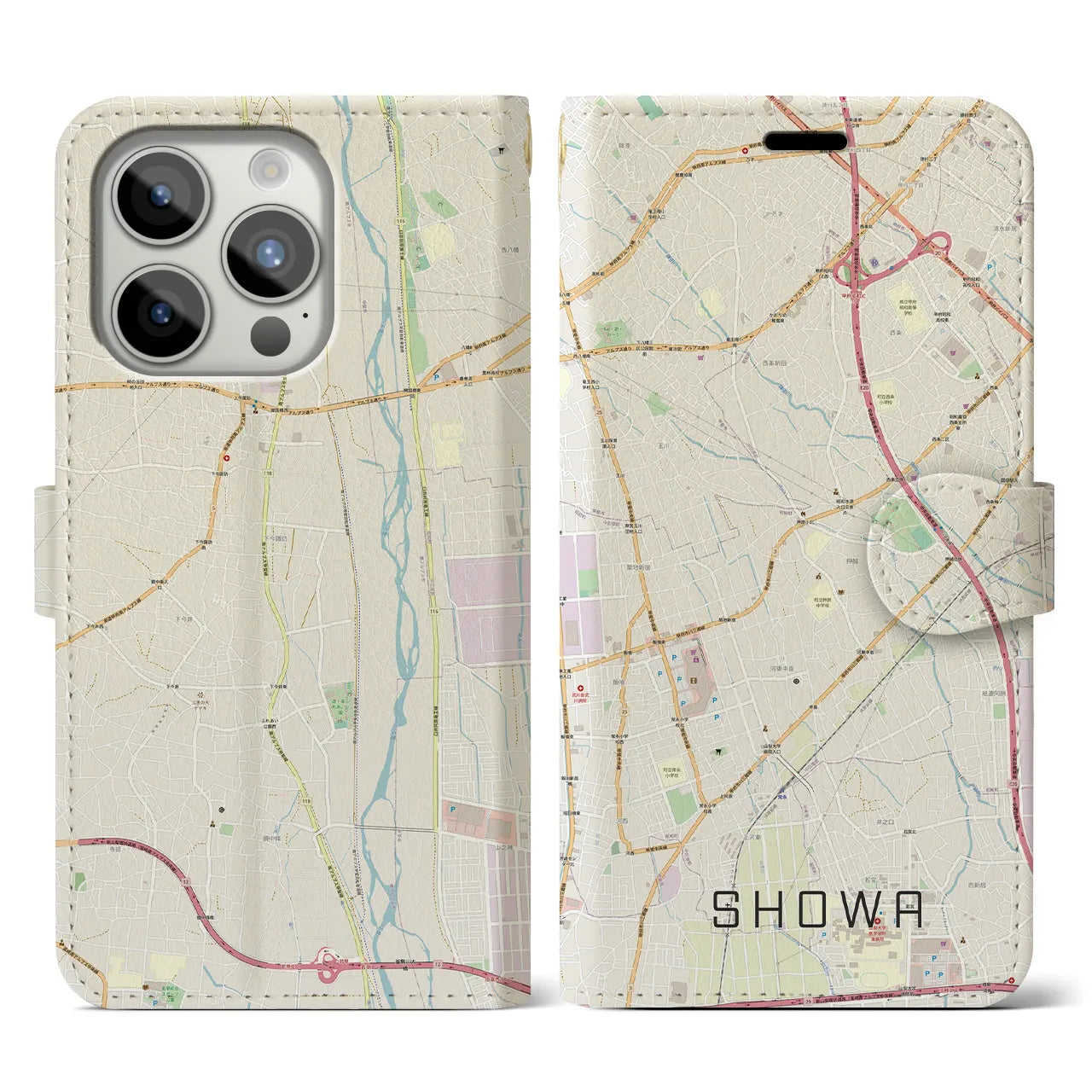 【昭和】地図柄iPhoneケース（手帳両面タイプ・ナチュラル）iPhone 15 Pro 用