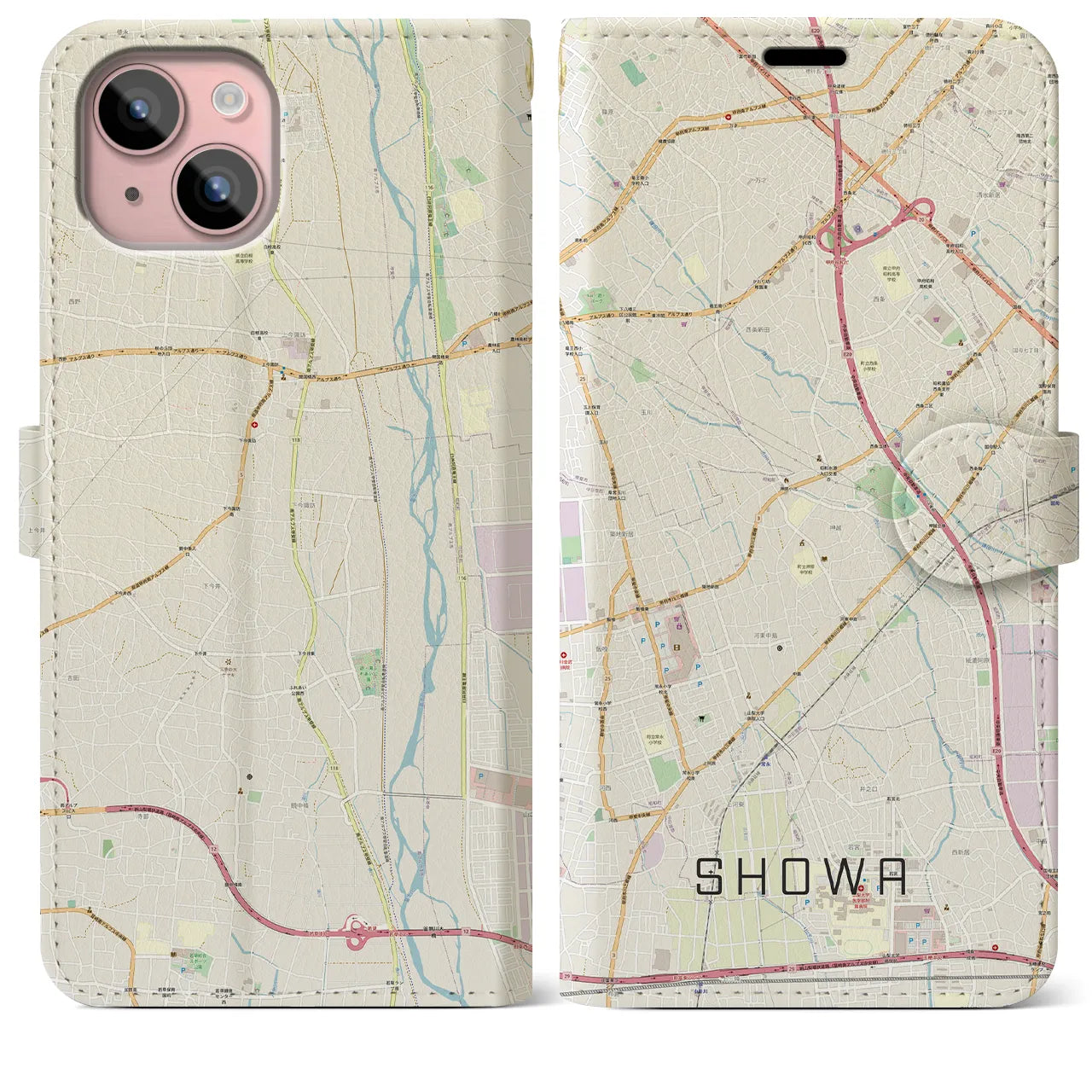 【昭和】地図柄iPhoneケース（手帳両面タイプ・ナチュラル）iPhone 15 Plus 用