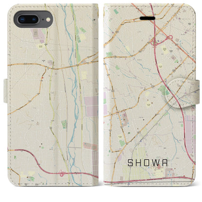 【昭和（山梨県）】地図柄iPhoneケース（手帳タイプ）ナチュラル・iPhone 8Plus /7Plus / 6sPlus / 6Plus 用