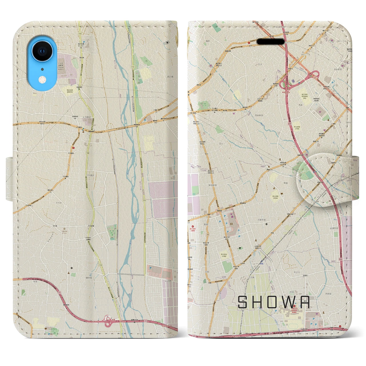 【昭和】地図柄iPhoneケース（手帳両面タイプ・ナチュラル）iPhone XR 用