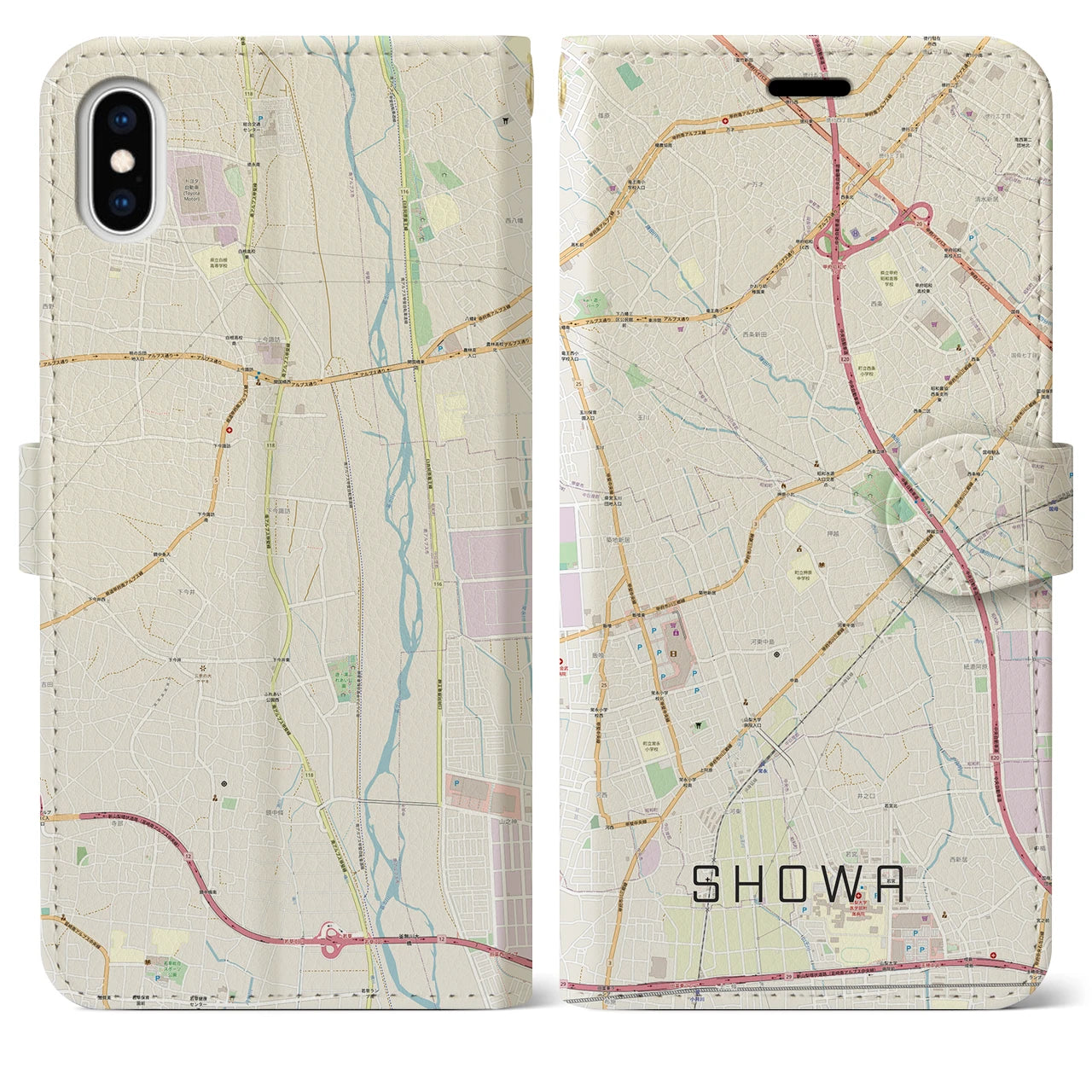 【昭和】地図柄iPhoneケース（手帳両面タイプ・ナチュラル）iPhone XS Max 用