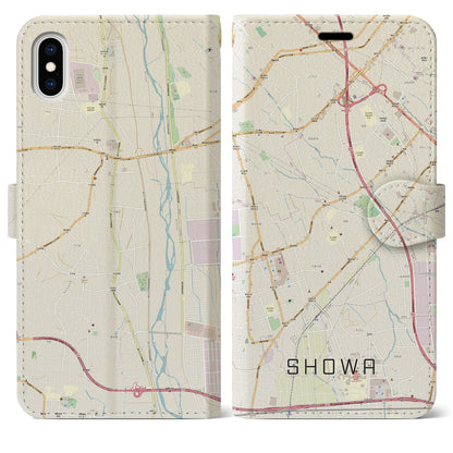 【昭和（山梨県）】地図柄iPhoneケース（手帳タイプ）ナチュラル・iPhone XS Max 用