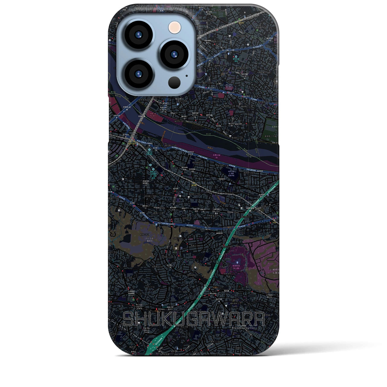 【宿河原】地図柄iPhoneケース（バックカバータイプ・ブラック）iPhone 13 Pro Max 用