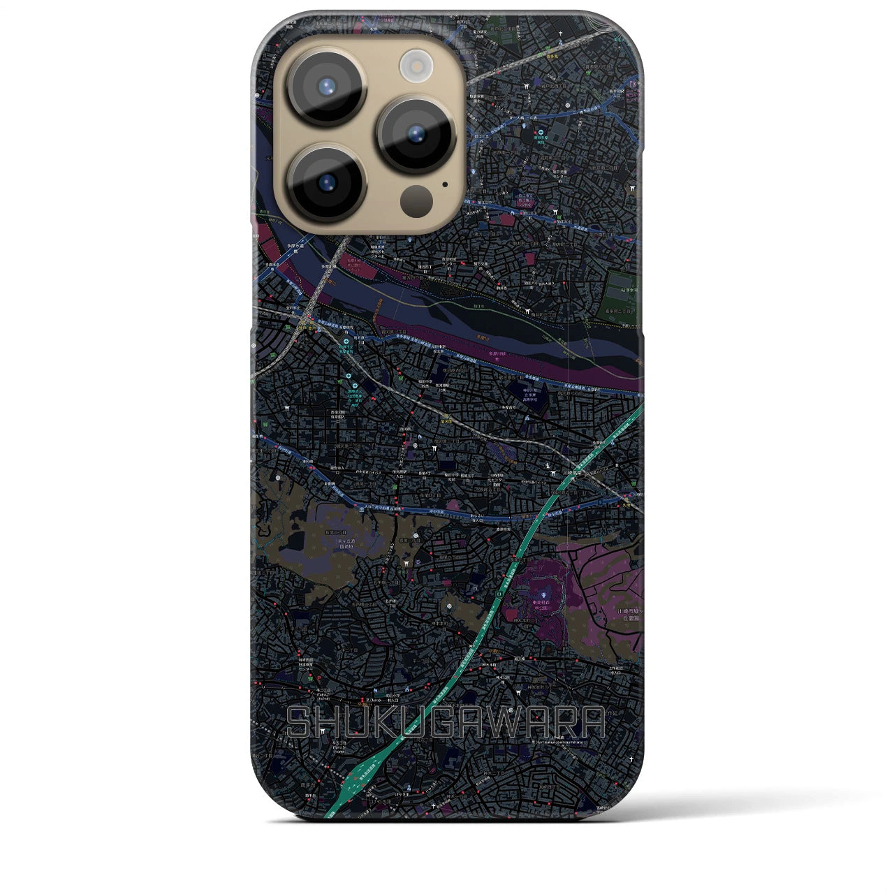 【宿河原】地図柄iPhoneケース（バックカバータイプ・ブラック）iPhone 14 Pro Max 用