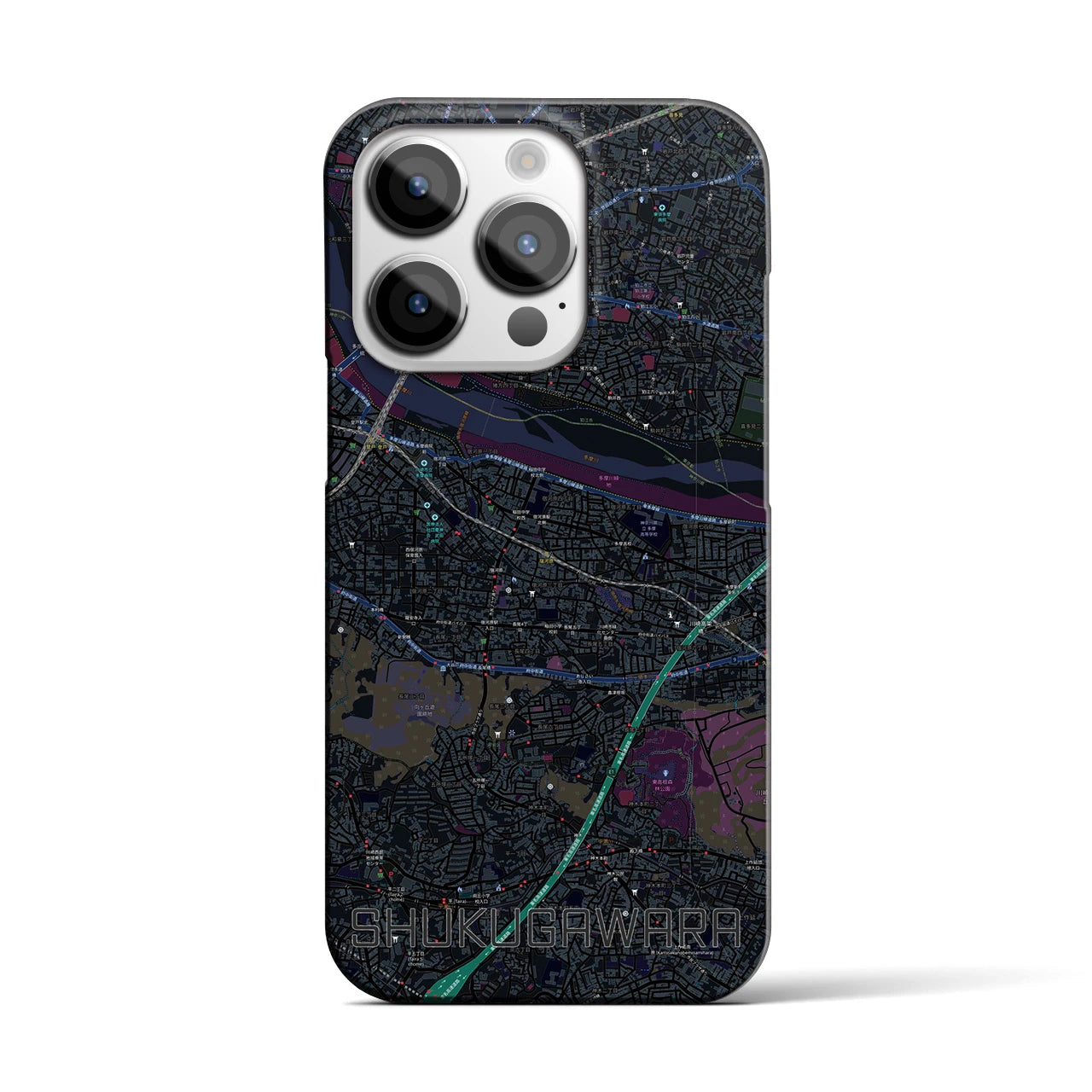 【宿河原】地図柄iPhoneケース（バックカバータイプ・ブラック）iPhone 14 Pro 用