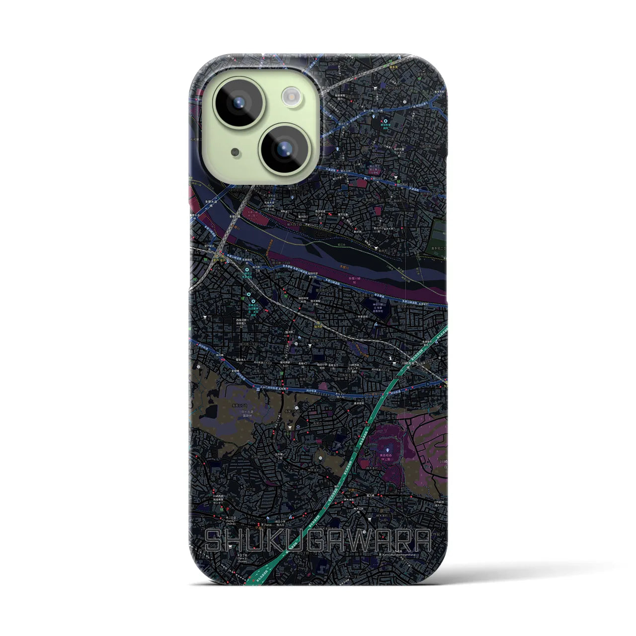【宿河原】地図柄iPhoneケース（バックカバータイプ・ブラック）iPhone 15 用