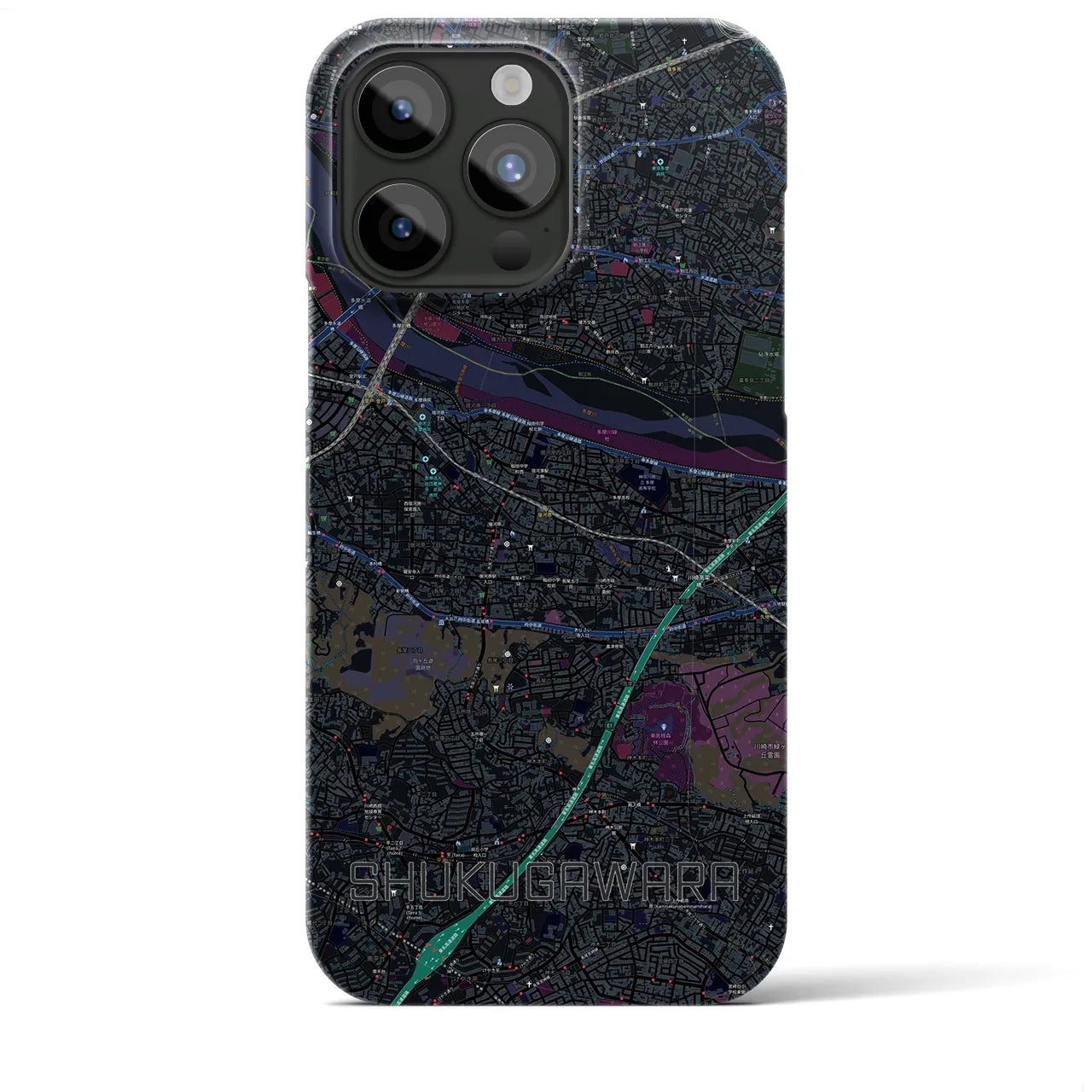 【宿河原】地図柄iPhoneケース（バックカバータイプ・ブラック）iPhone 15 Pro Max 用
