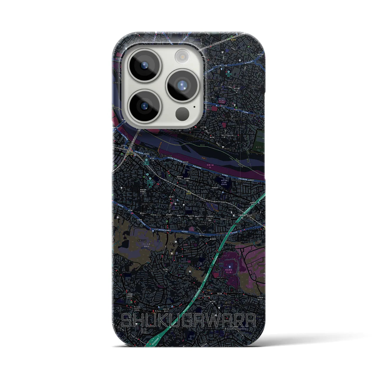 【宿河原】地図柄iPhoneケース（バックカバータイプ・ブラック）iPhone 15 Pro 用