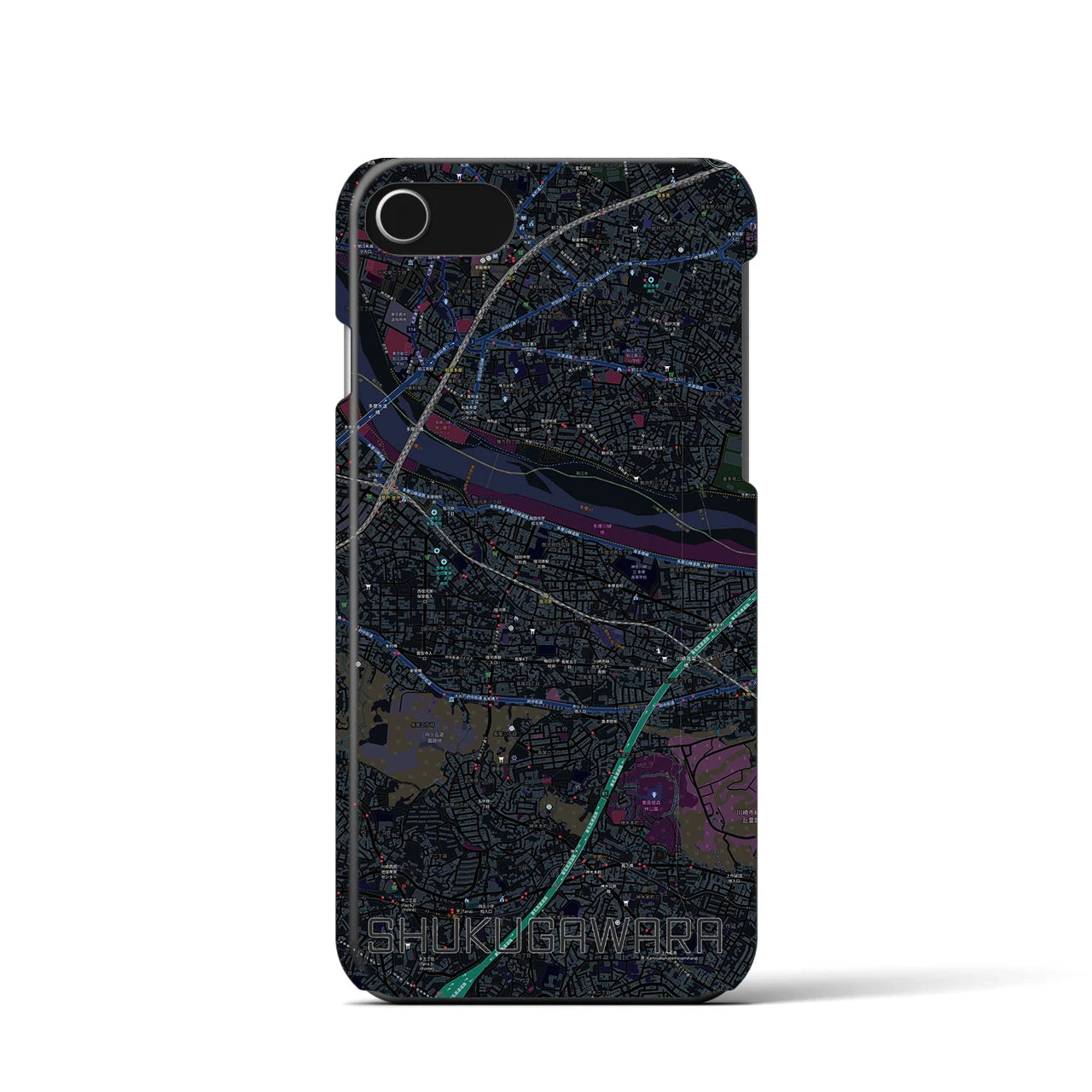 【宿河原】地図柄iPhoneケース（バックカバータイプ・ブラック）iPhone SE（第3 / 第2世代） / 8 / 7 / 6s / 6 用
