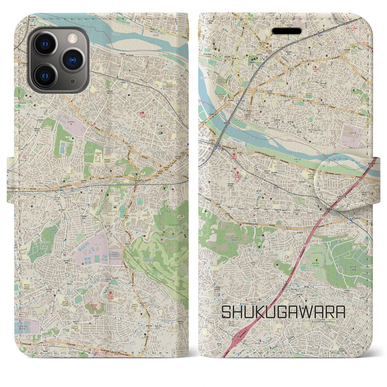 【宿河原】地図柄iPhoneケース（手帳両面タイプ・ナチュラル）iPhone 11 Pro Max 用