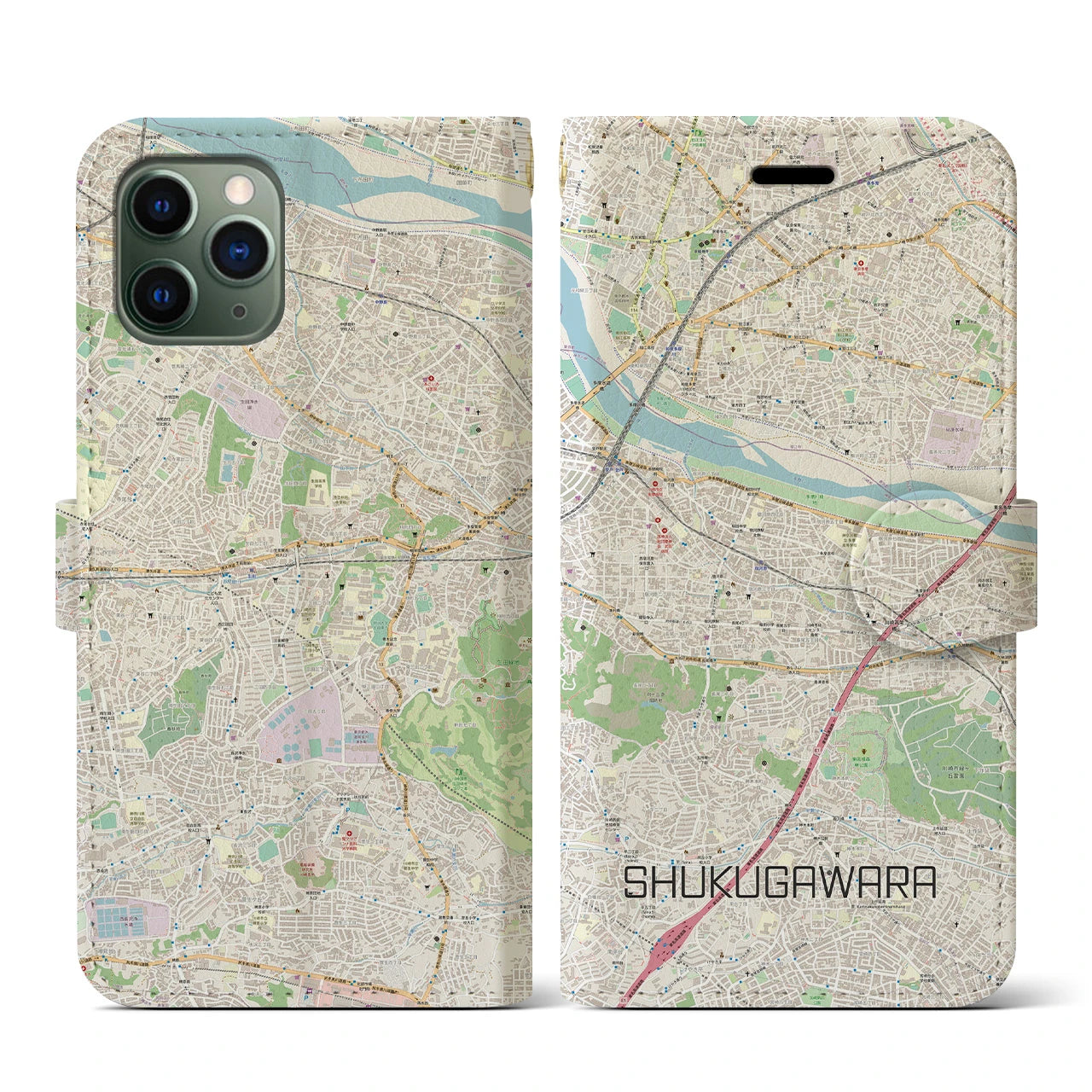 【宿河原】地図柄iPhoneケース（手帳両面タイプ・ナチュラル）iPhone 11 Pro 用