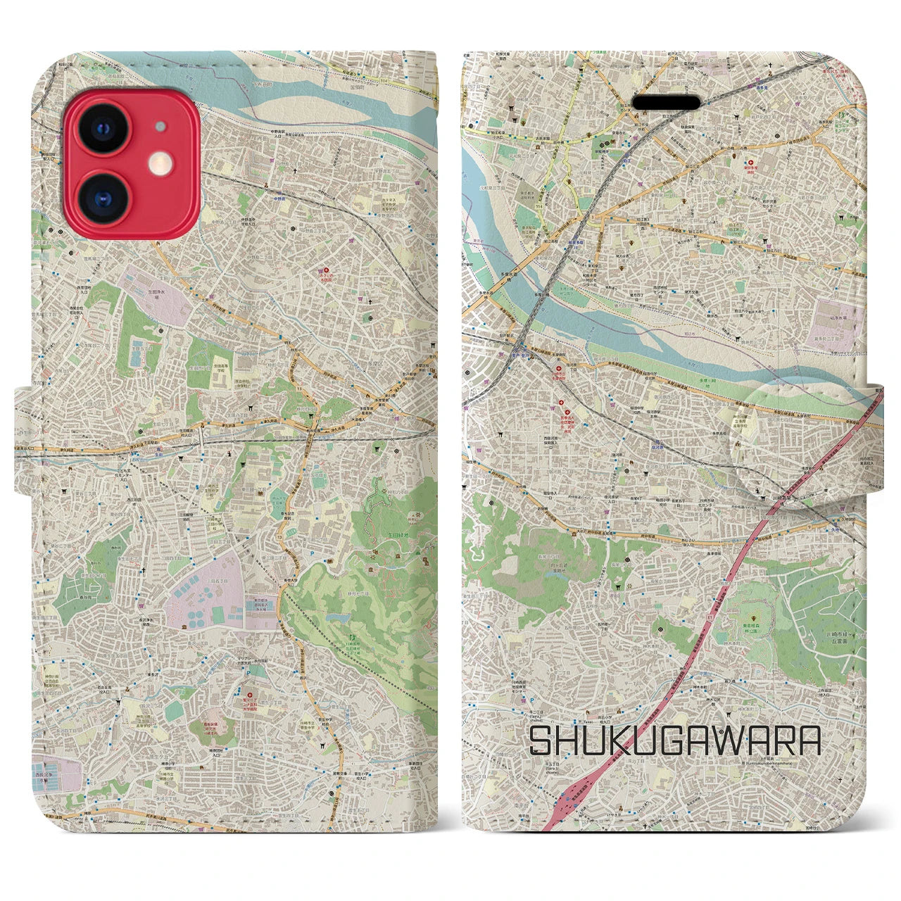 【宿河原】地図柄iPhoneケース（手帳両面タイプ・ナチュラル）iPhone 11 用