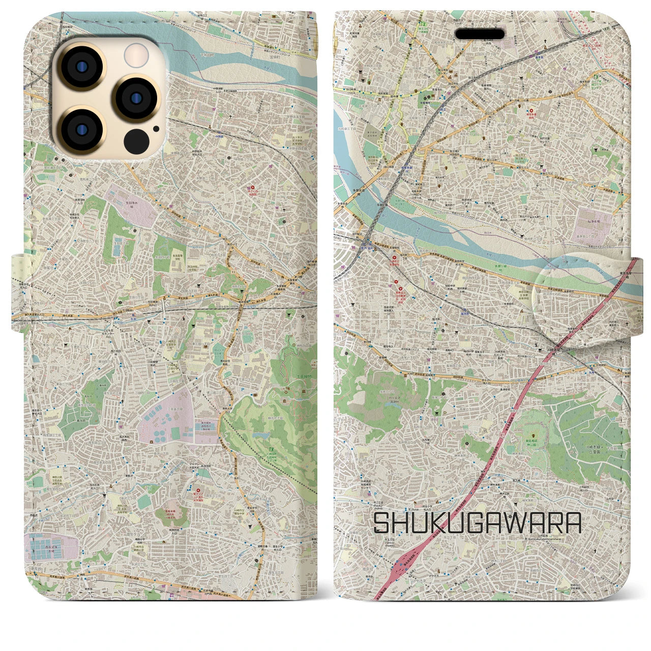 【宿河原】地図柄iPhoneケース（手帳両面タイプ・ナチュラル）iPhone 12 Pro Max 用