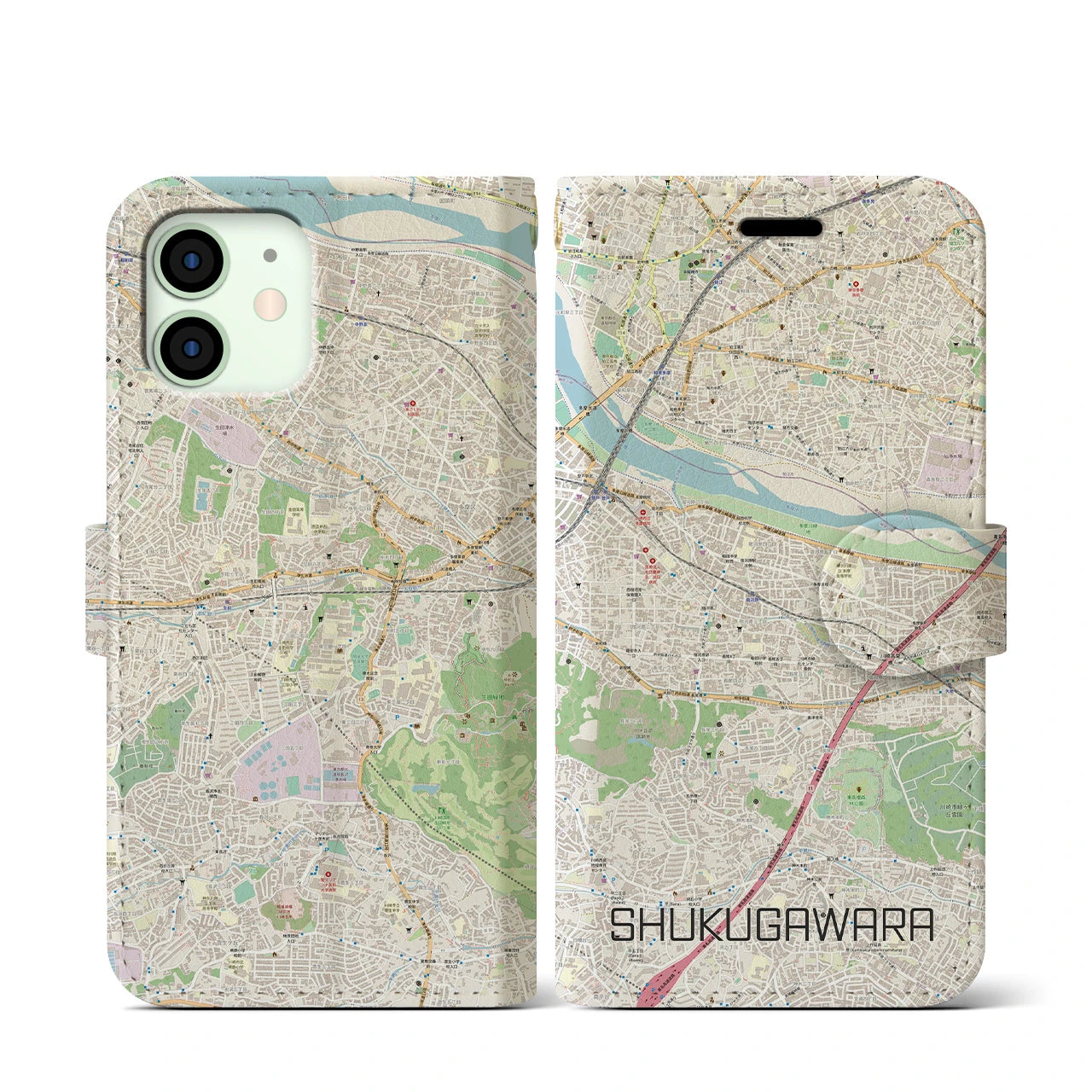 【宿河原】地図柄iPhoneケース（手帳両面タイプ・ナチュラル）iPhone 12 mini 用