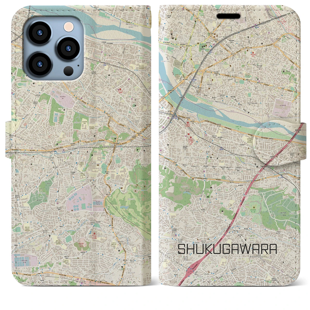 【宿河原】地図柄iPhoneケース（手帳両面タイプ・ナチュラル）iPhone 13 Pro Max 用