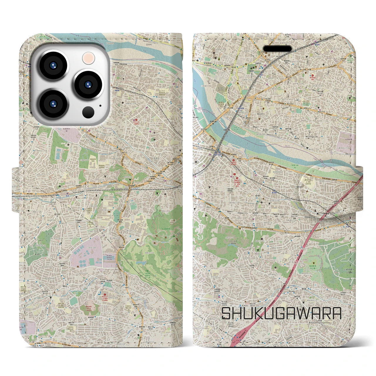 【宿河原】地図柄iPhoneケース（手帳両面タイプ・ナチュラル）iPhone 13 Pro 用