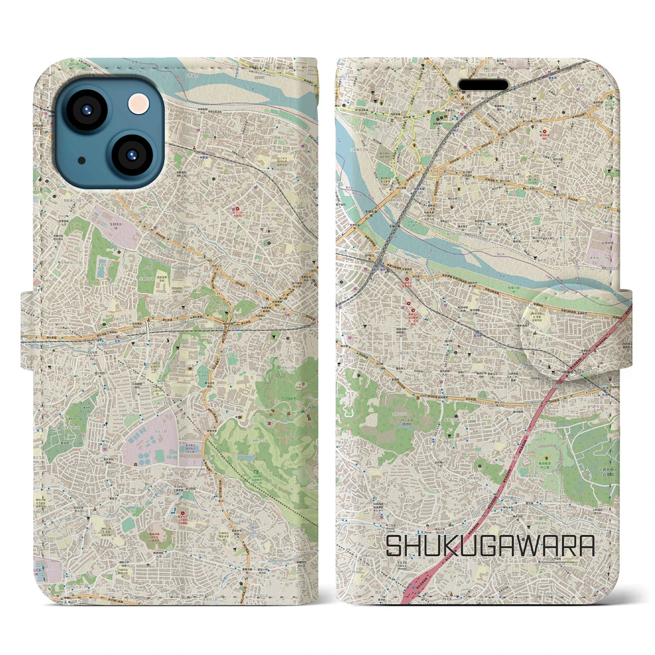 【宿河原】地図柄iPhoneケース（手帳両面タイプ・ナチュラル）iPhone 13 用