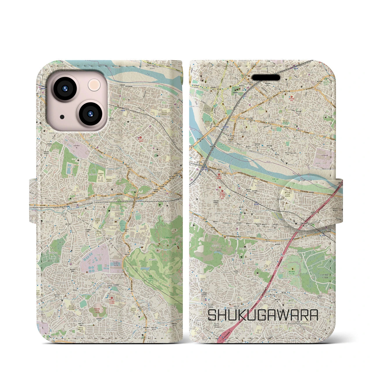 【宿河原】地図柄iPhoneケース（手帳両面タイプ・ナチュラル）iPhone 13 mini 用