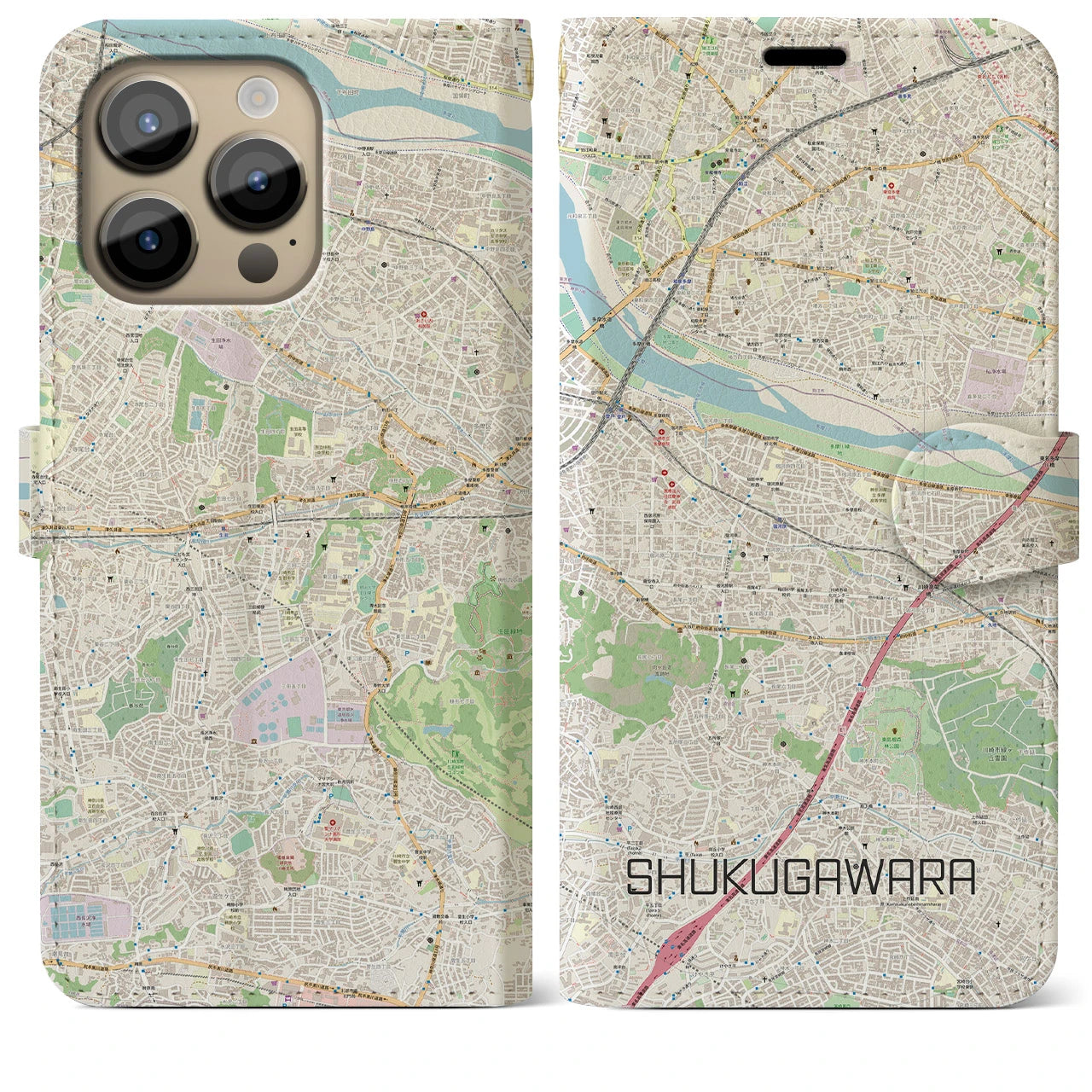 【宿河原】地図柄iPhoneケース（手帳両面タイプ・ナチュラル）iPhone 14 Pro Max 用