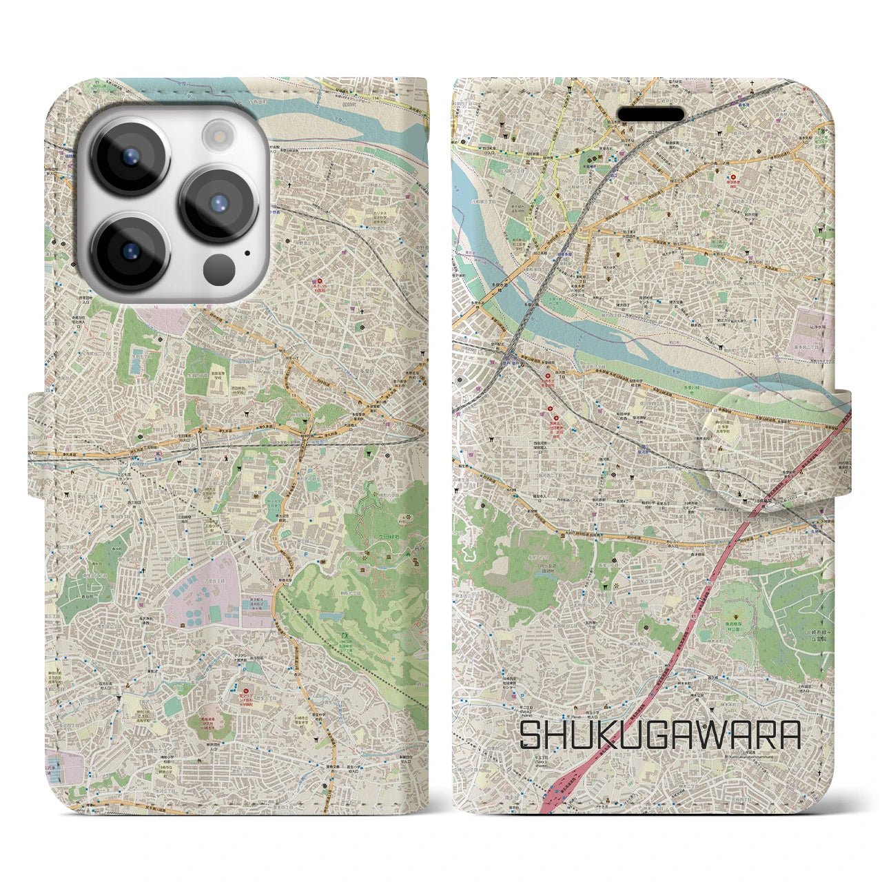 【宿河原】地図柄iPhoneケース（手帳両面タイプ・ナチュラル）iPhone 14 Pro 用