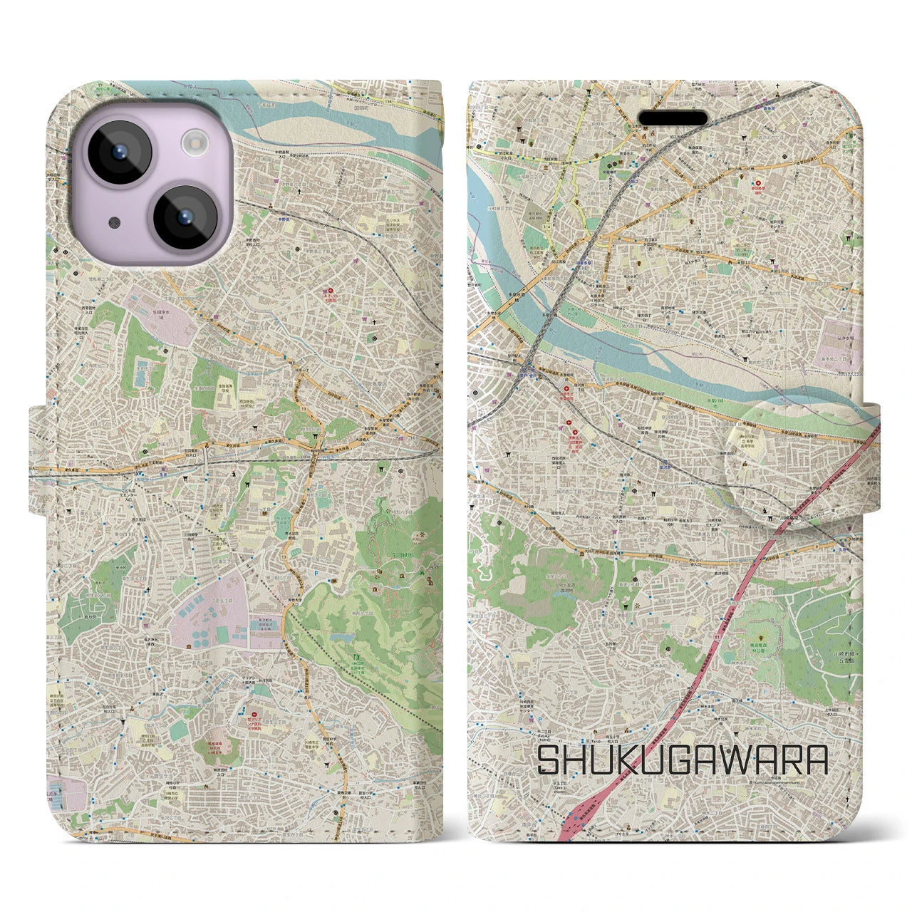 【宿河原】地図柄iPhoneケース（手帳両面タイプ・ナチュラル）iPhone 14 用