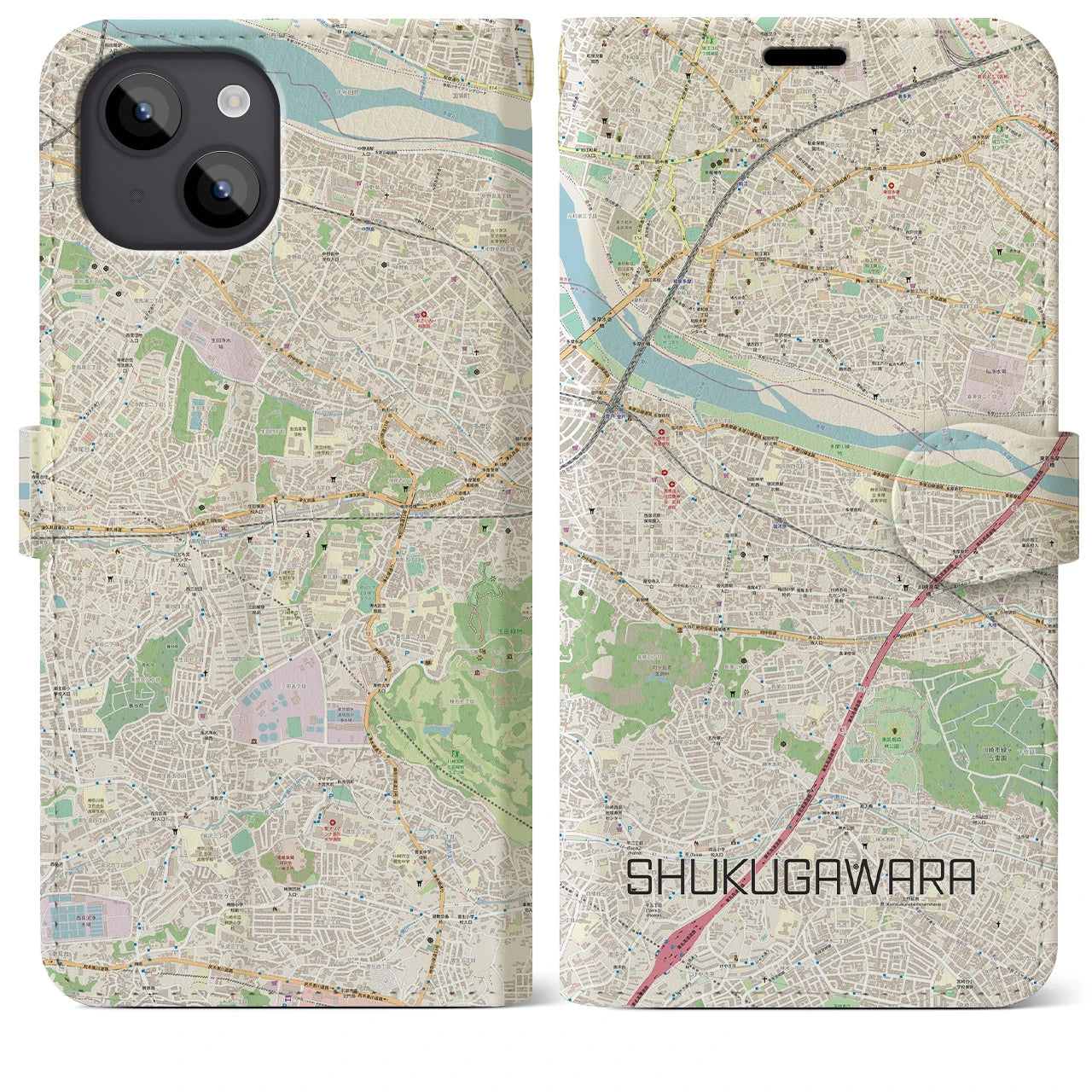 【宿河原】地図柄iPhoneケース（手帳両面タイプ・ナチュラル）iPhone 14 Plus 用