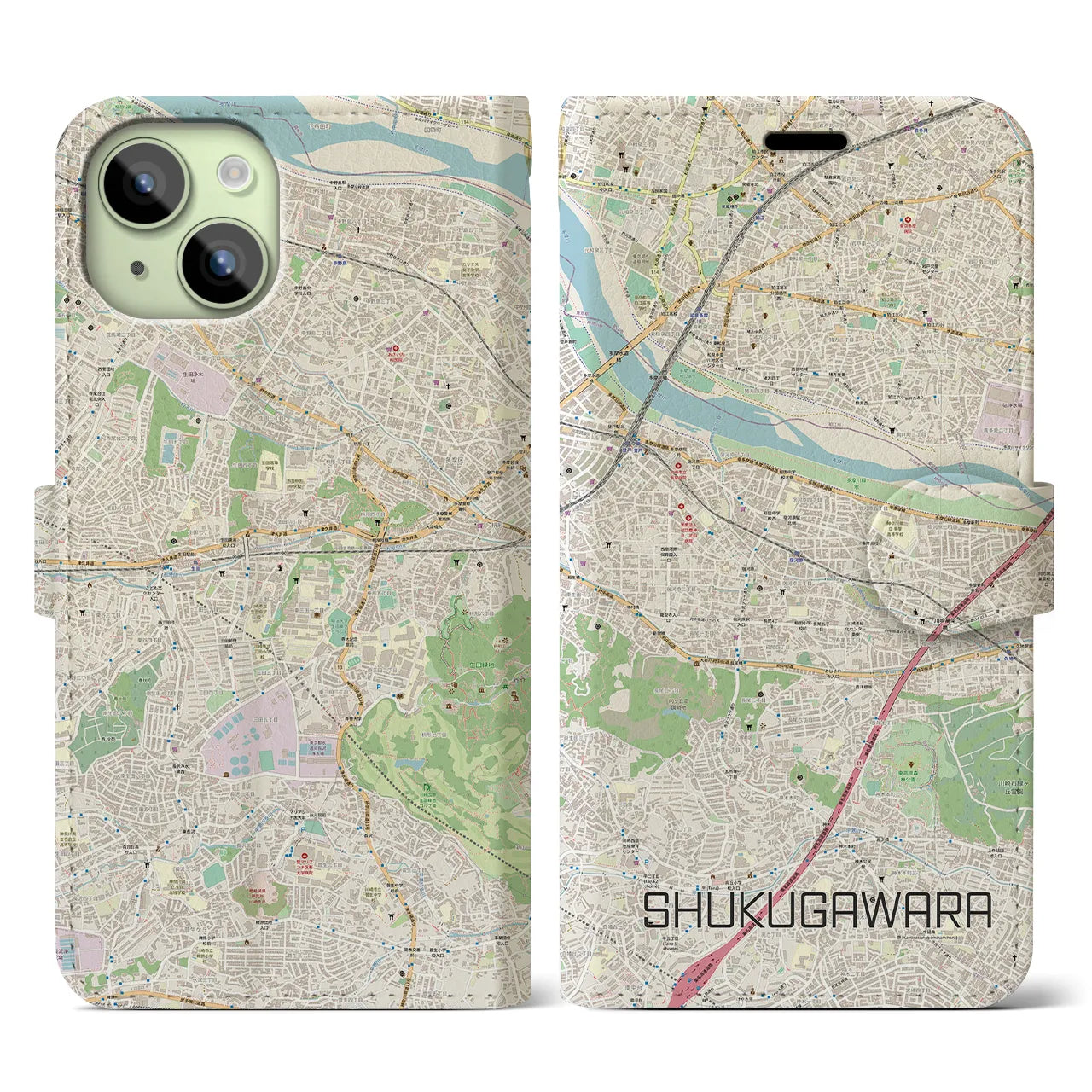 【宿河原】地図柄iPhoneケース（手帳両面タイプ・ナチュラル）iPhone 15 用