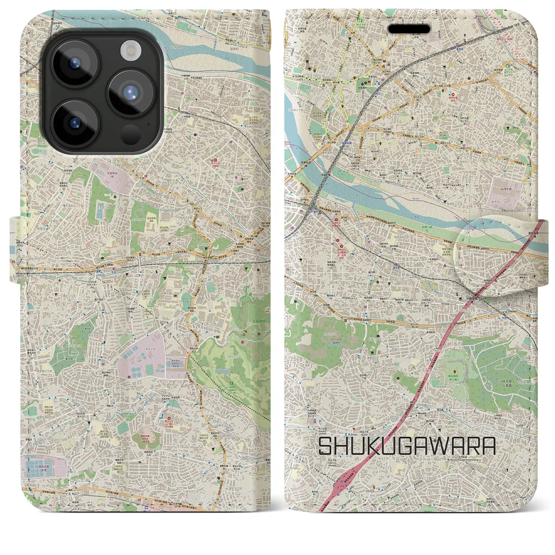 【宿河原】地図柄iPhoneケース（手帳両面タイプ・ナチュラル）iPhone 15 Pro Max 用